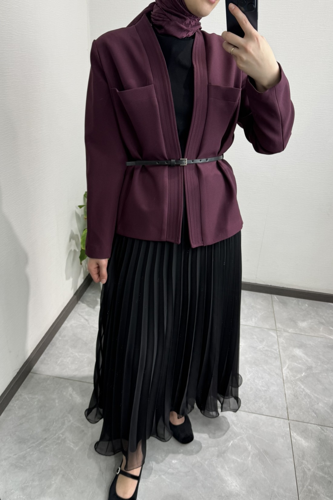 Deri Kemerli Ceket Bordo