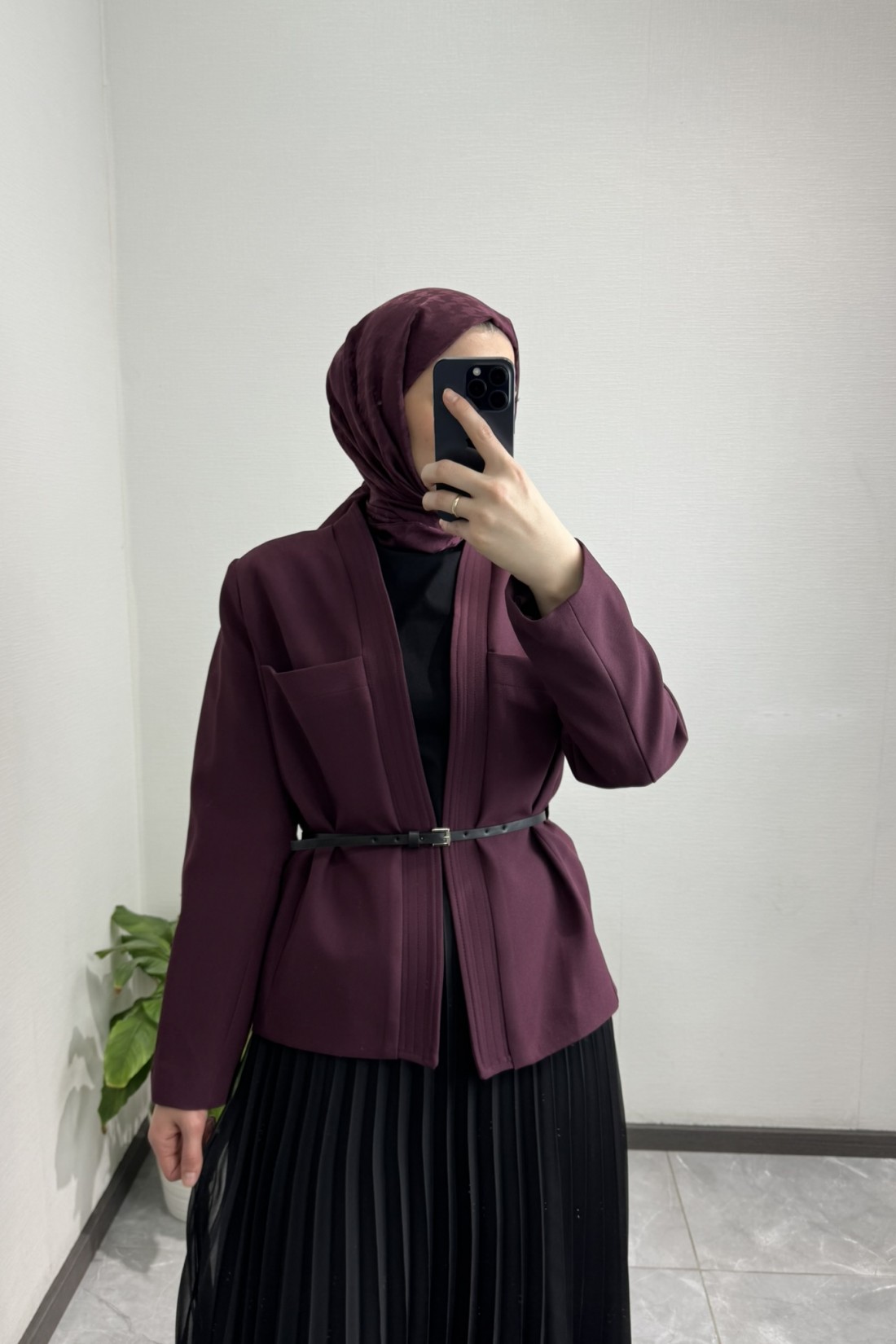 Deri Kemerli Ceket Bordo