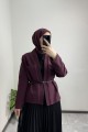 Deri Kemerli Ceket Bordo
