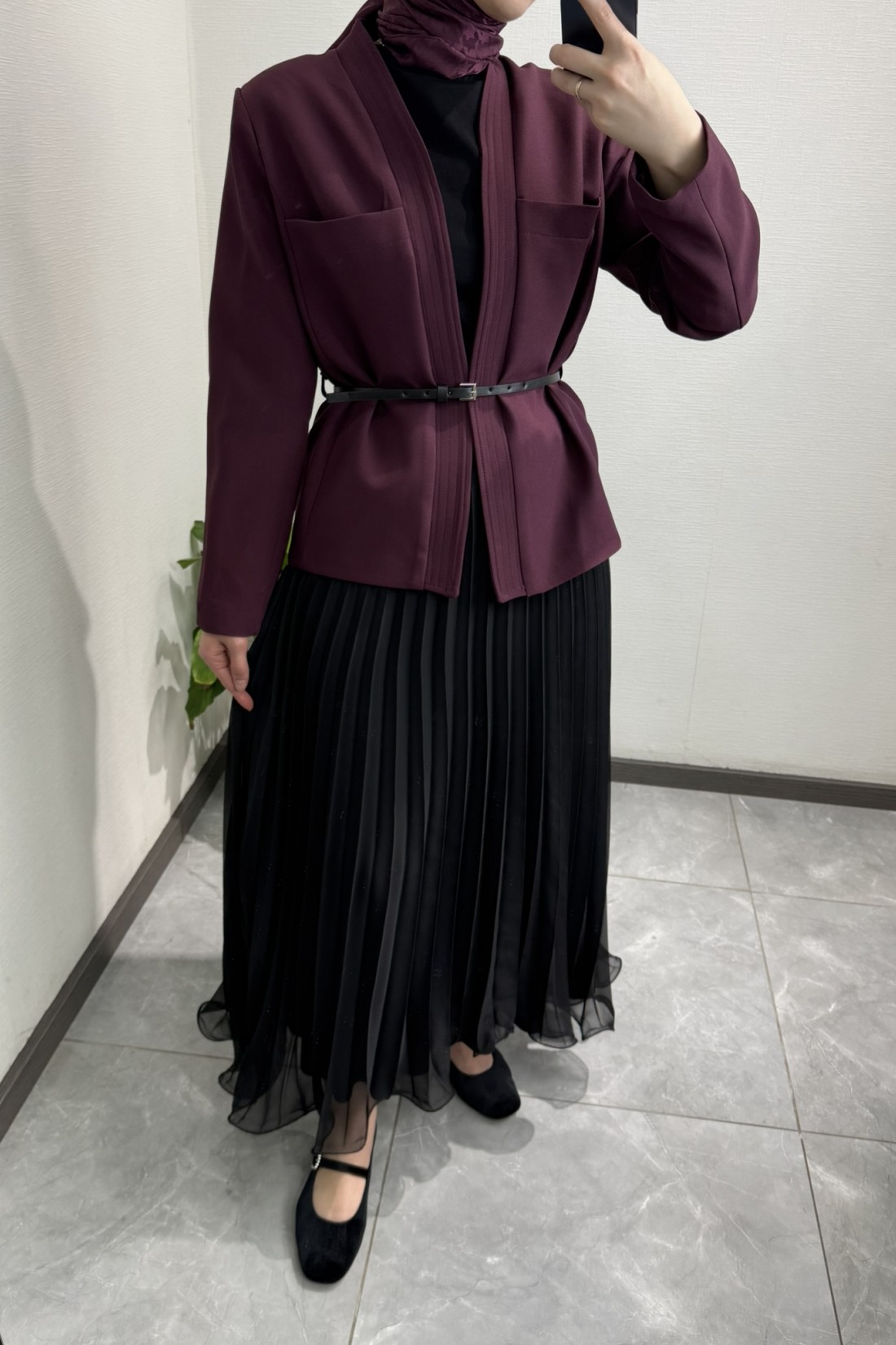Deri Kemerli Ceket Bordo