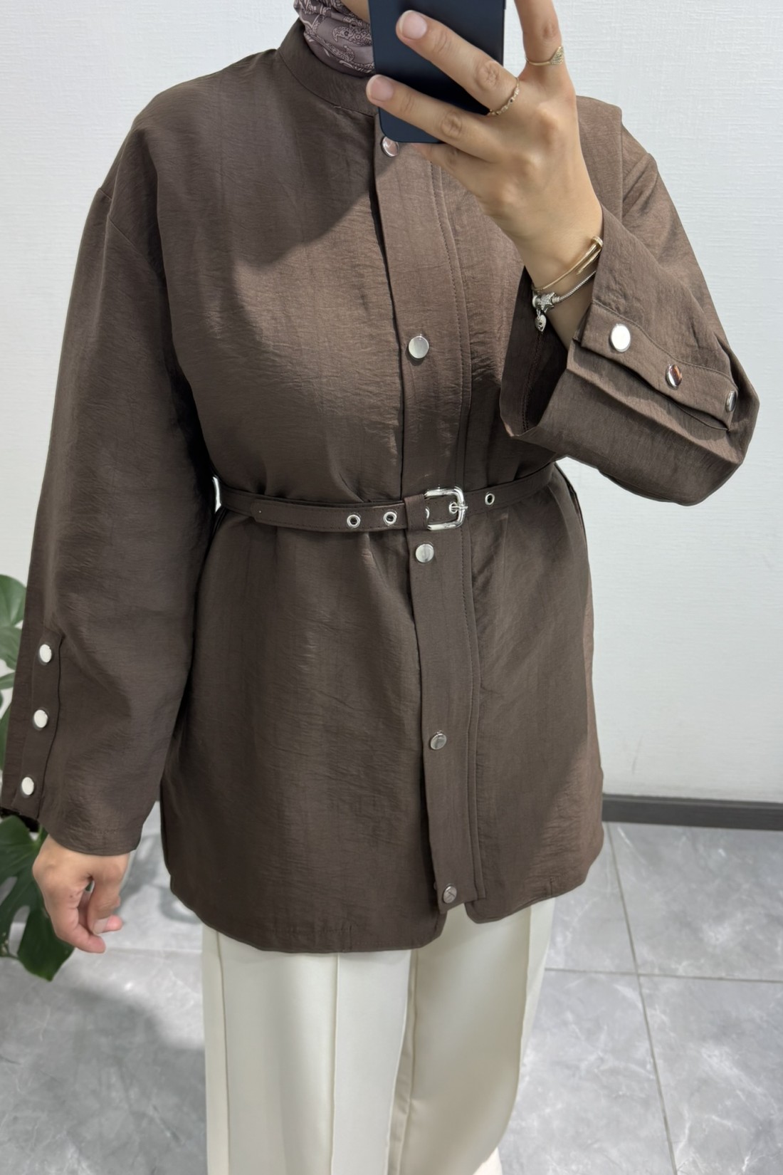 Çıtçıtlı Kemerli Ceket Kahve