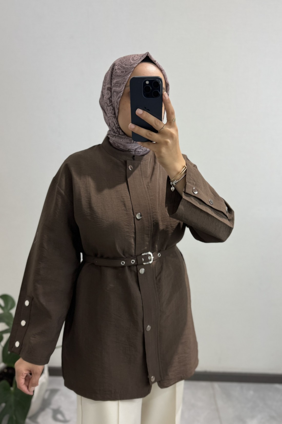 Çıtçıtlı Kemerli Ceket Kahve