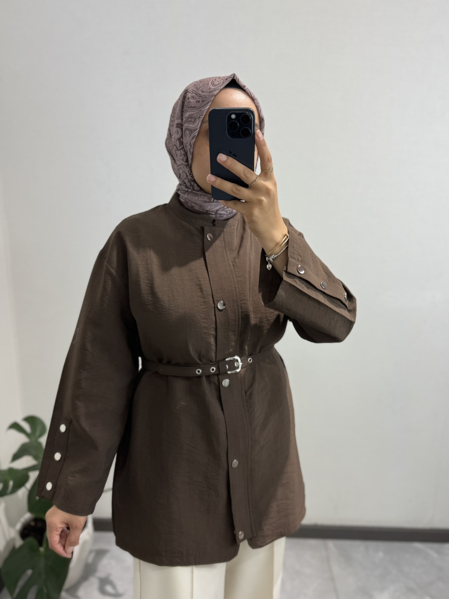 Çıtçıtlı Kemerli Ceket Kahve