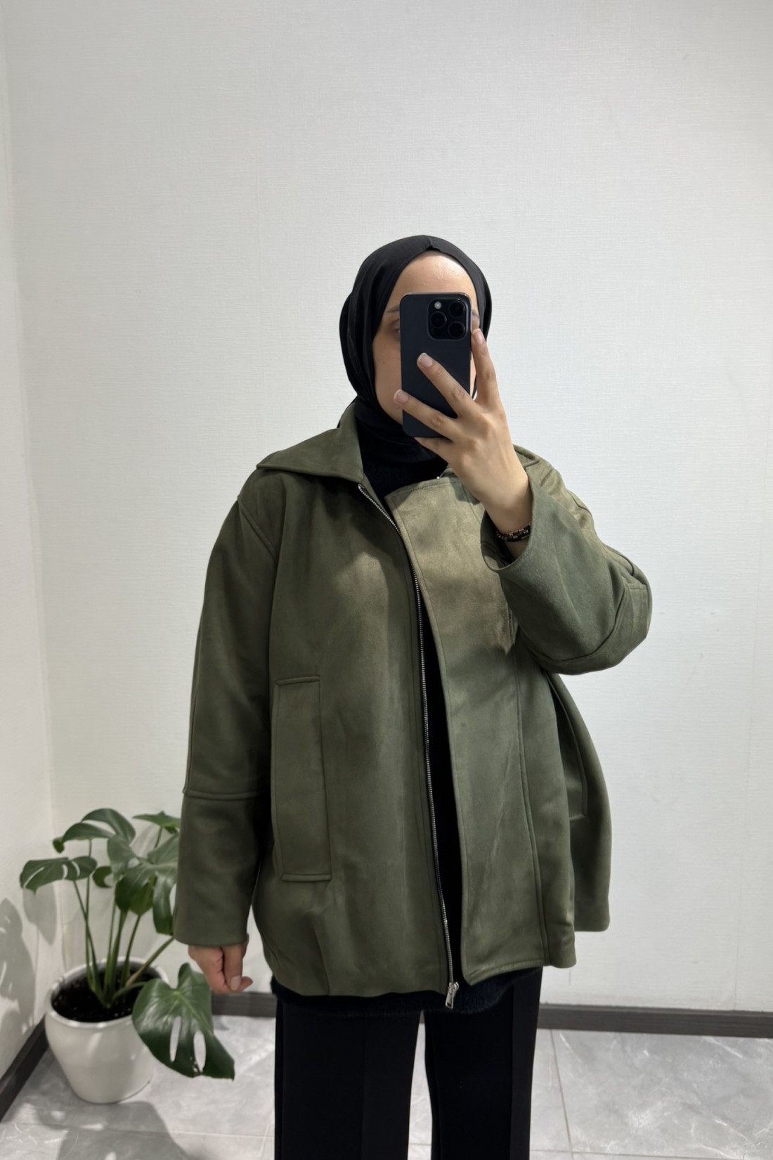 Süet Fermuarlı Ceket Haki