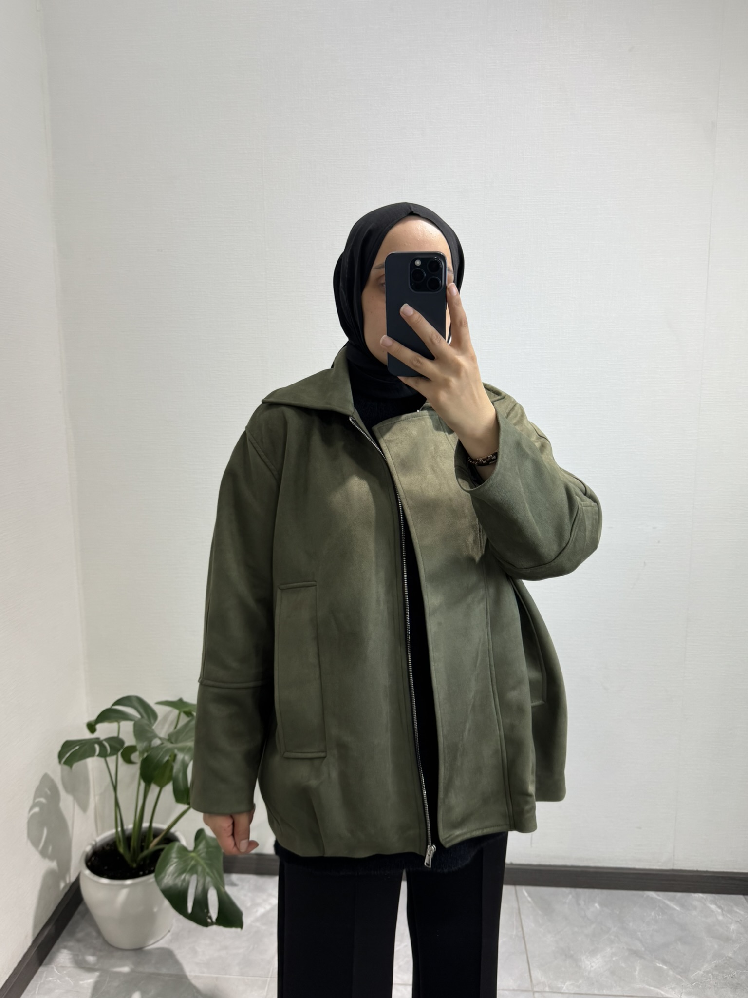 Süet Fermuarlı Ceket Haki