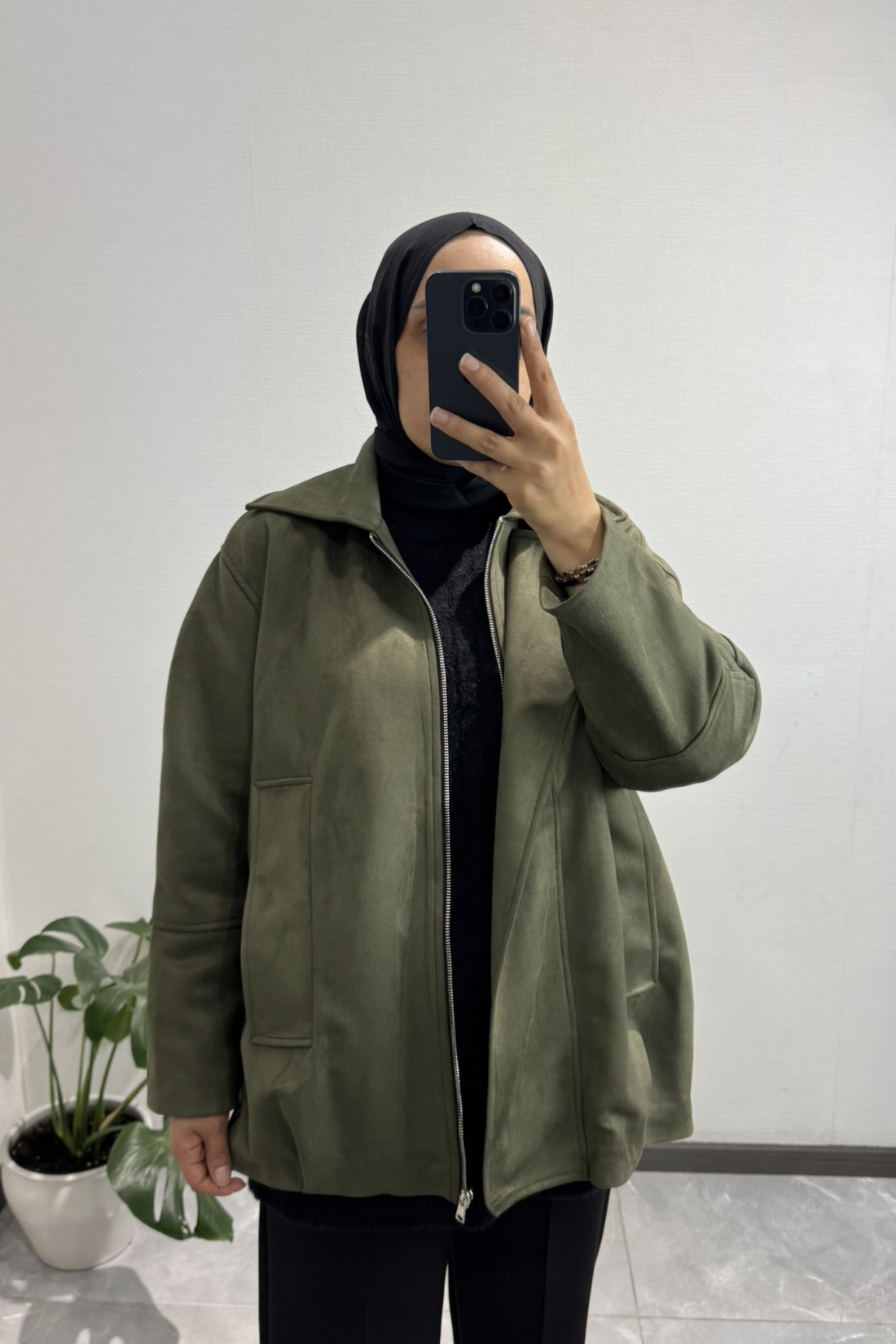 Süet Fermuarlı Ceket Haki