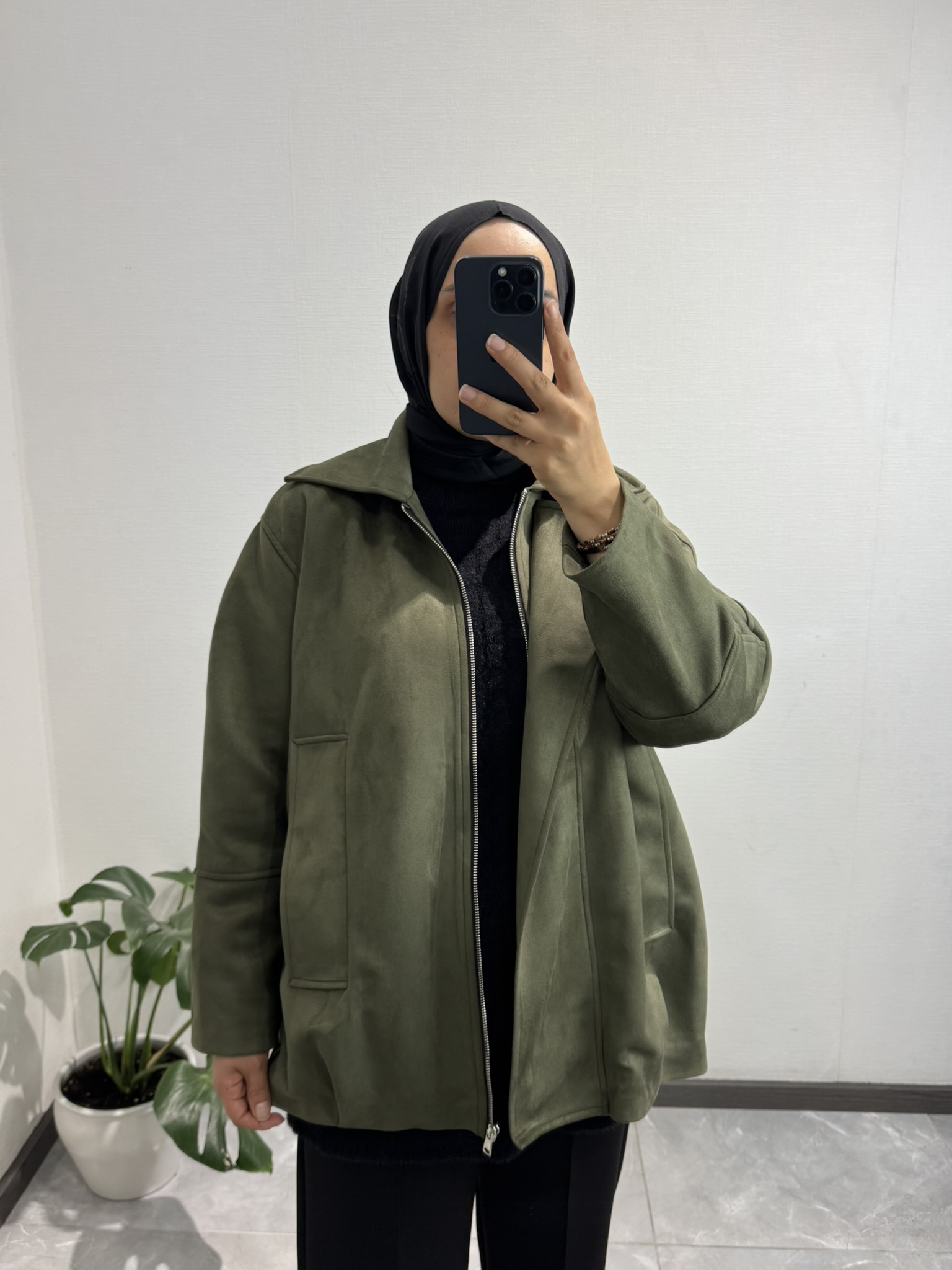 Süet Fermuarlı Ceket Haki