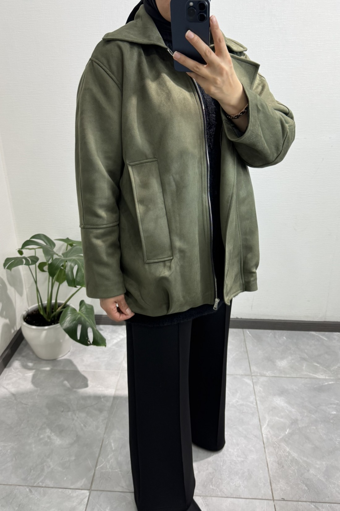 Süet Fermuarlı Ceket Haki