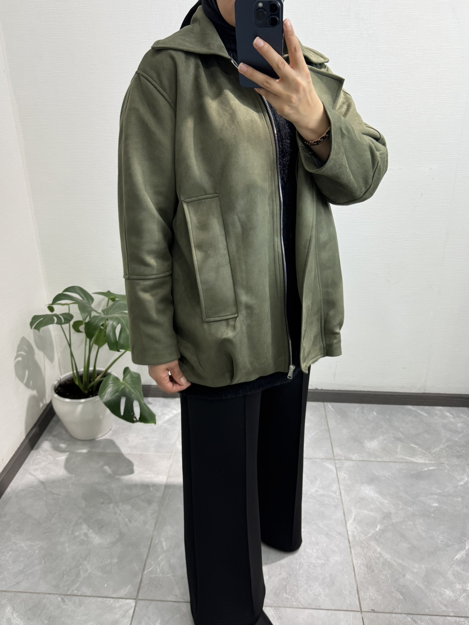 Süet Fermuarlı Ceket Haki