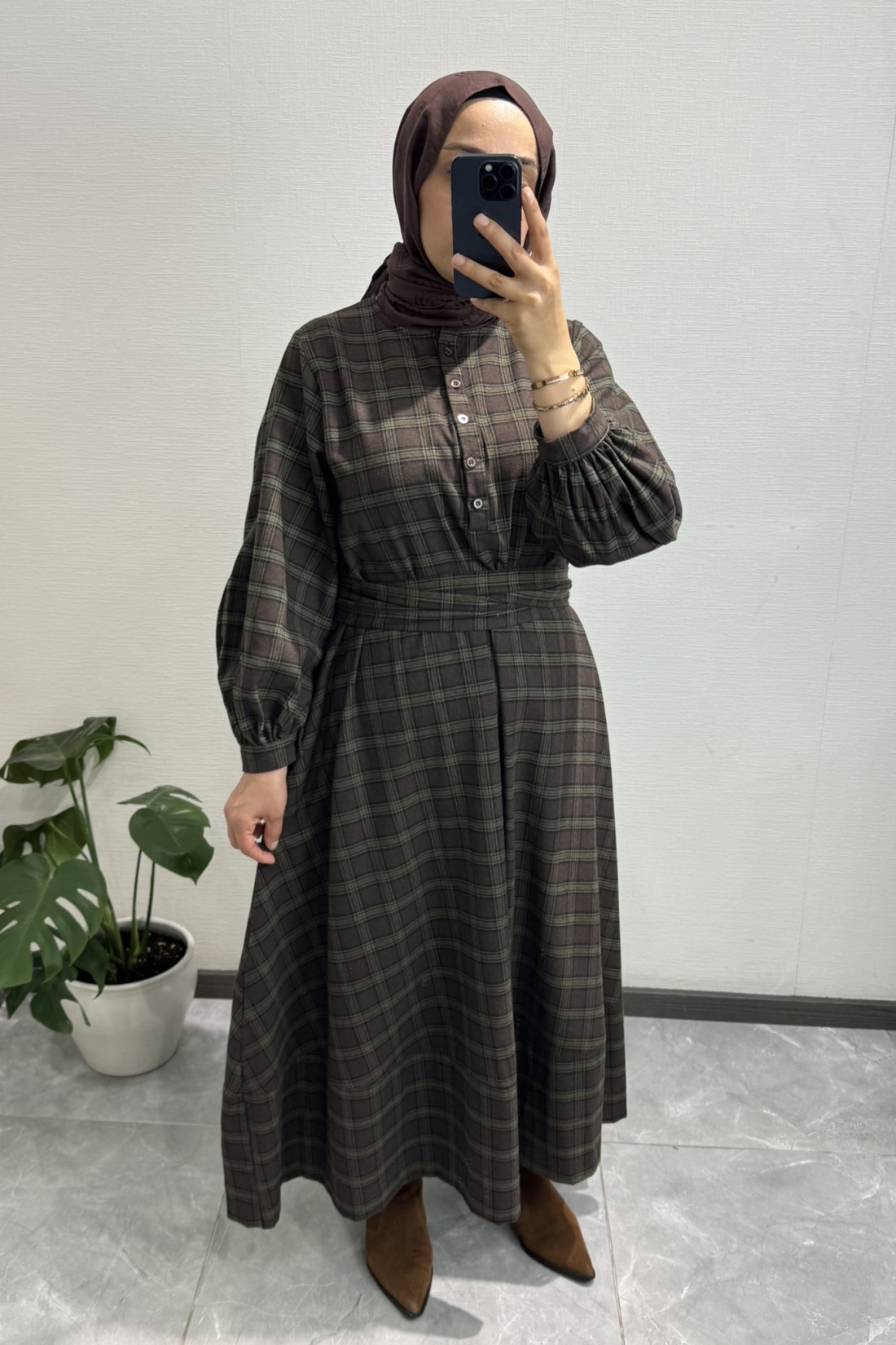 Ekose Gömlek Elbise Acı Kahve