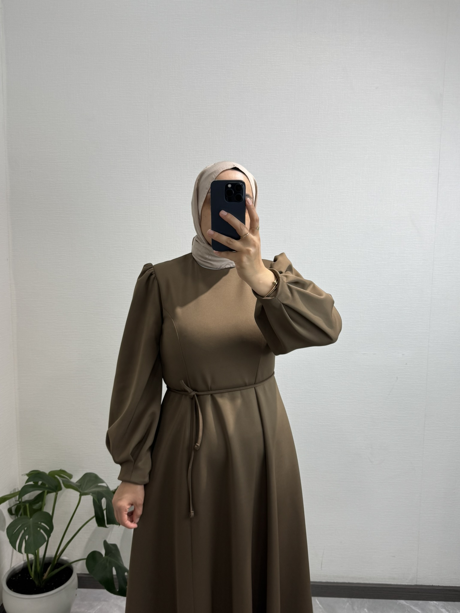 Belden Oturtma Detaylı Scuba Kahve Elbise