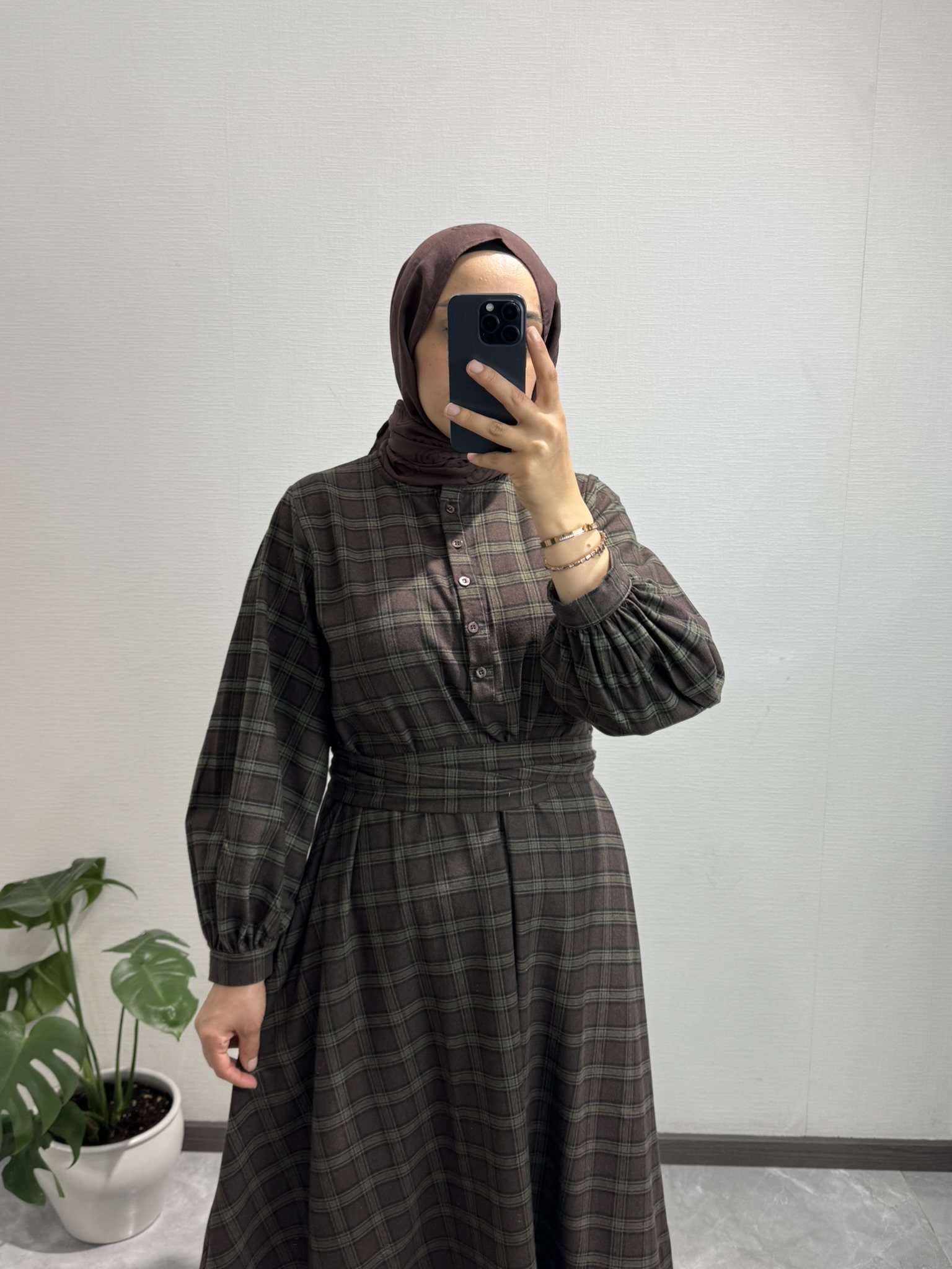 Ekose Gömlek Elbise Acı Kahve