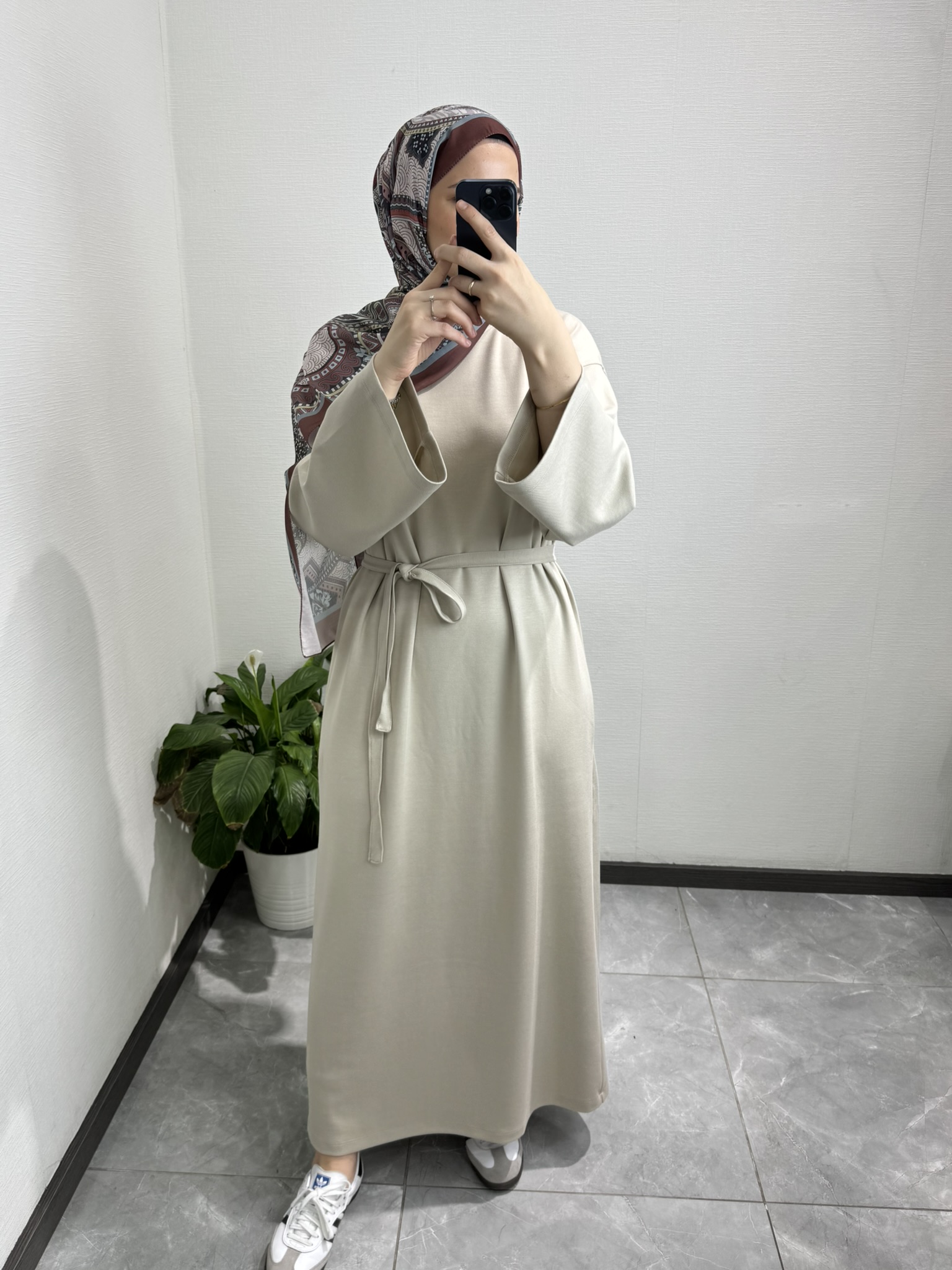 Oversıze Uzun Pamuklu Bej Elbise