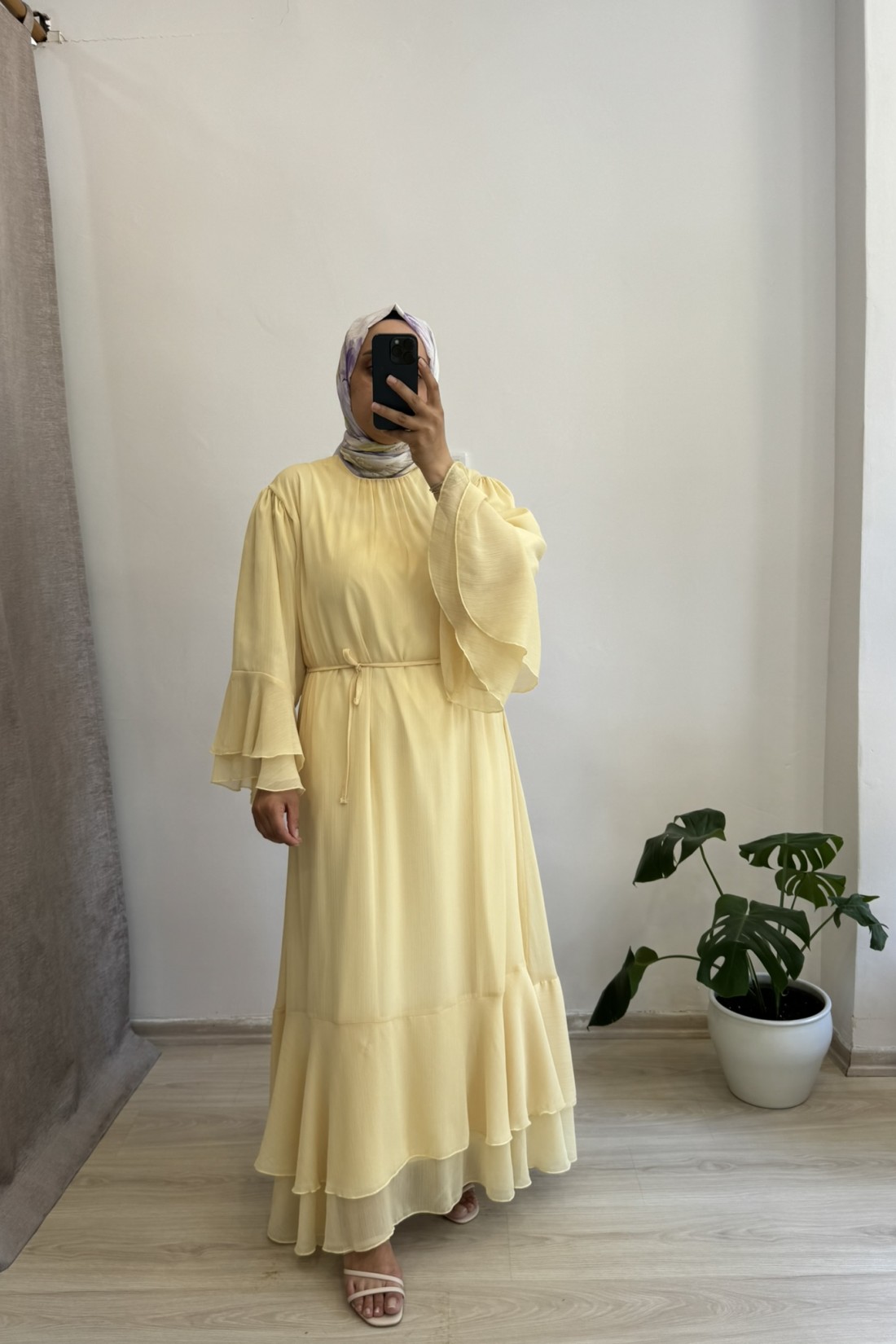 Volanlı Yoryo Şifon Butter Yellow Elbise