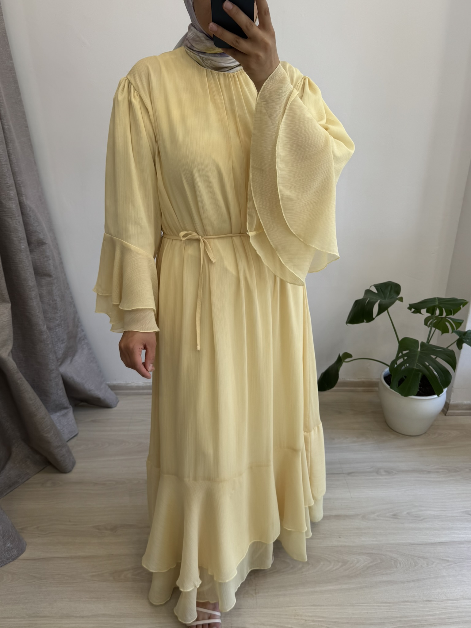 Volanlı Yoryo Şifon Butter Yellow Elbise