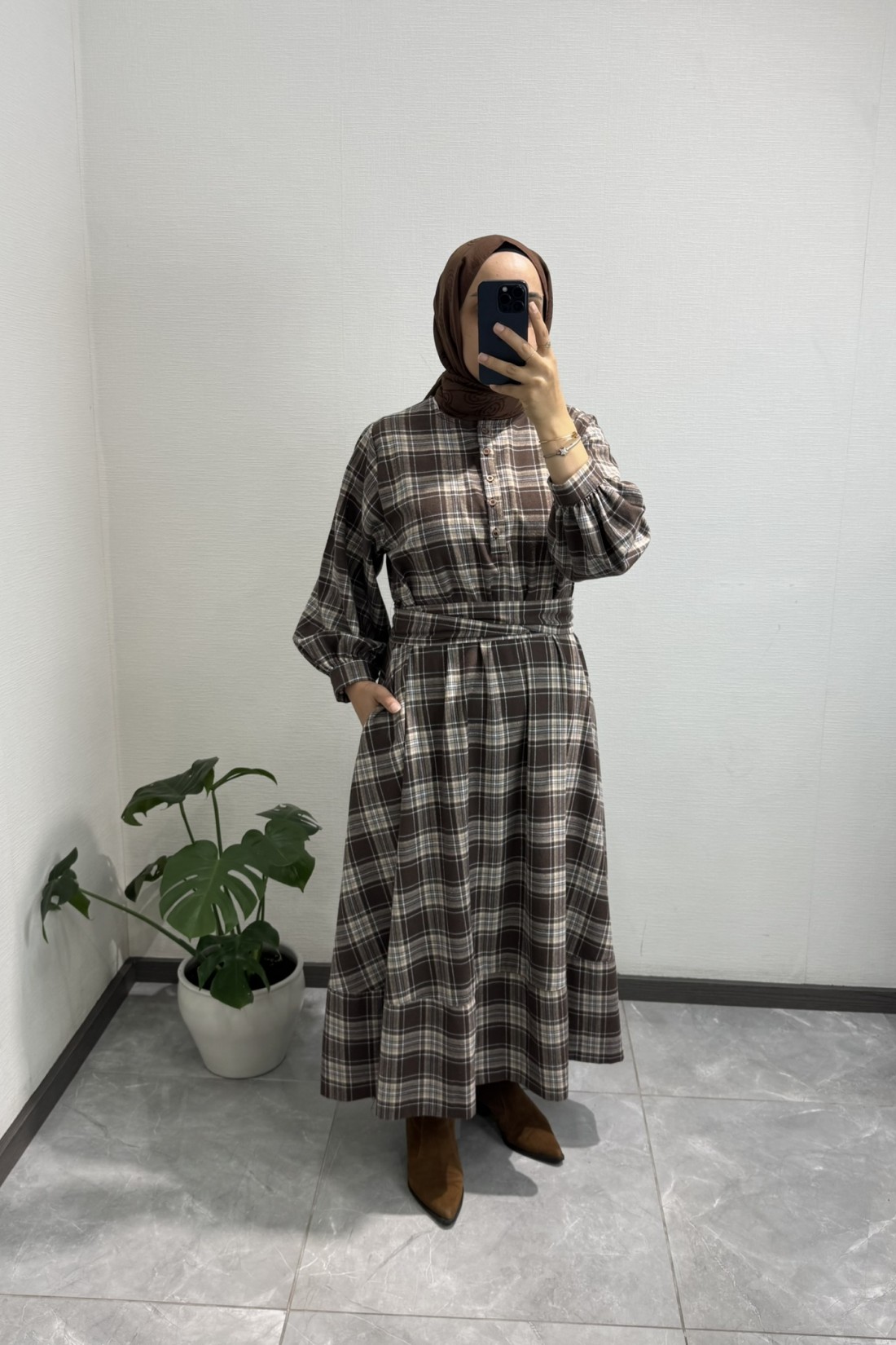 Ekose Gömlek Elbise Kahve