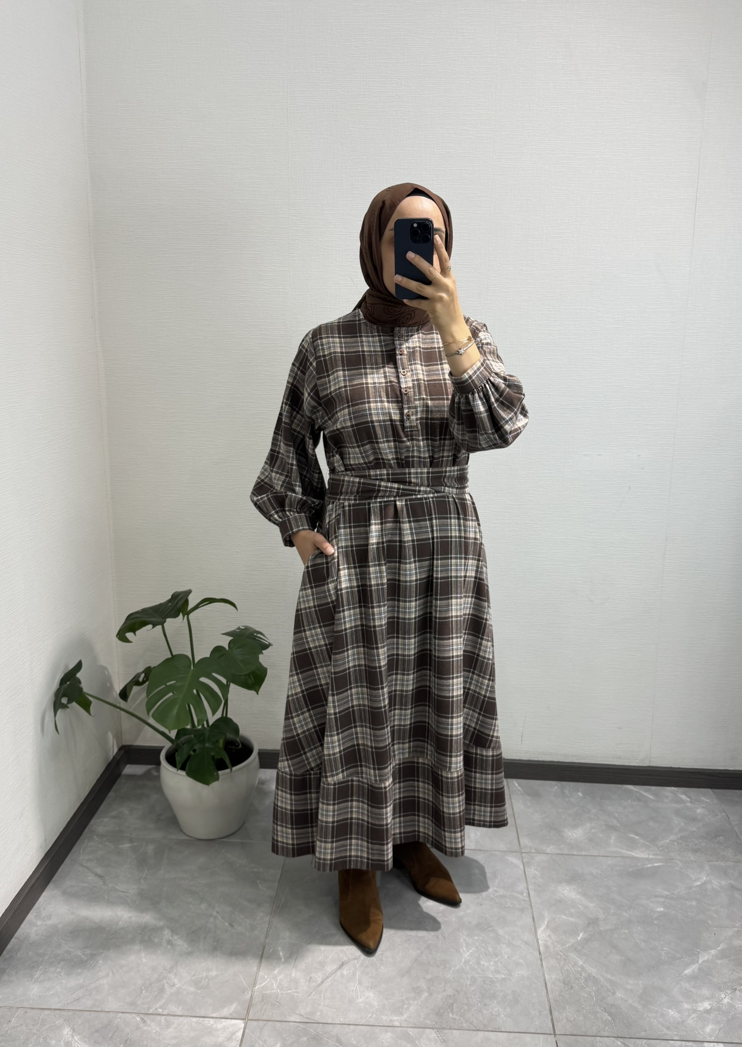 Ekose Gömlek Elbise Kahve