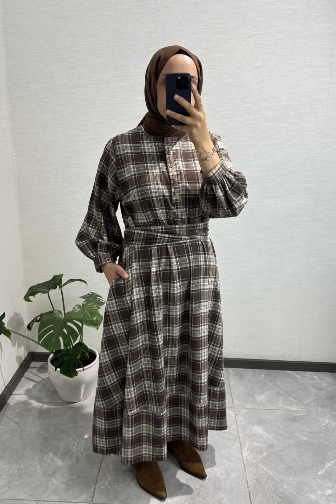 Ekose Gömlek Elbise Kahve