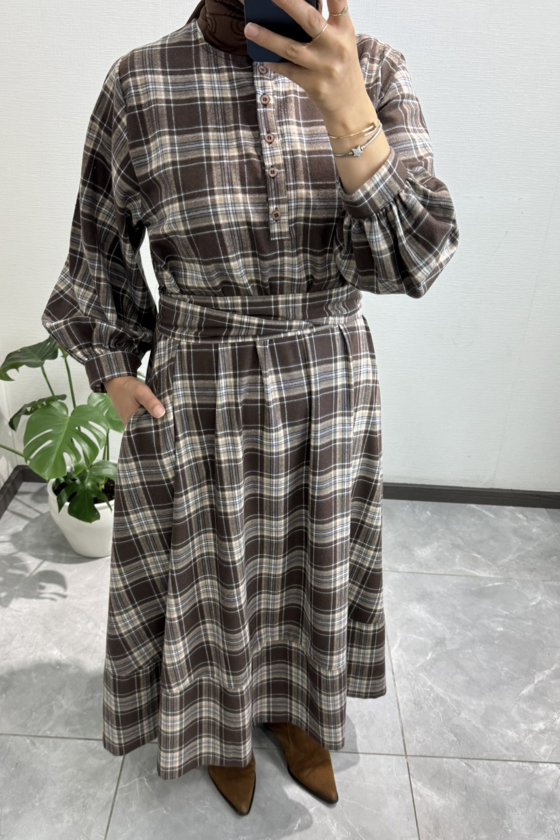 Ekose Gömlek Elbise Kahve