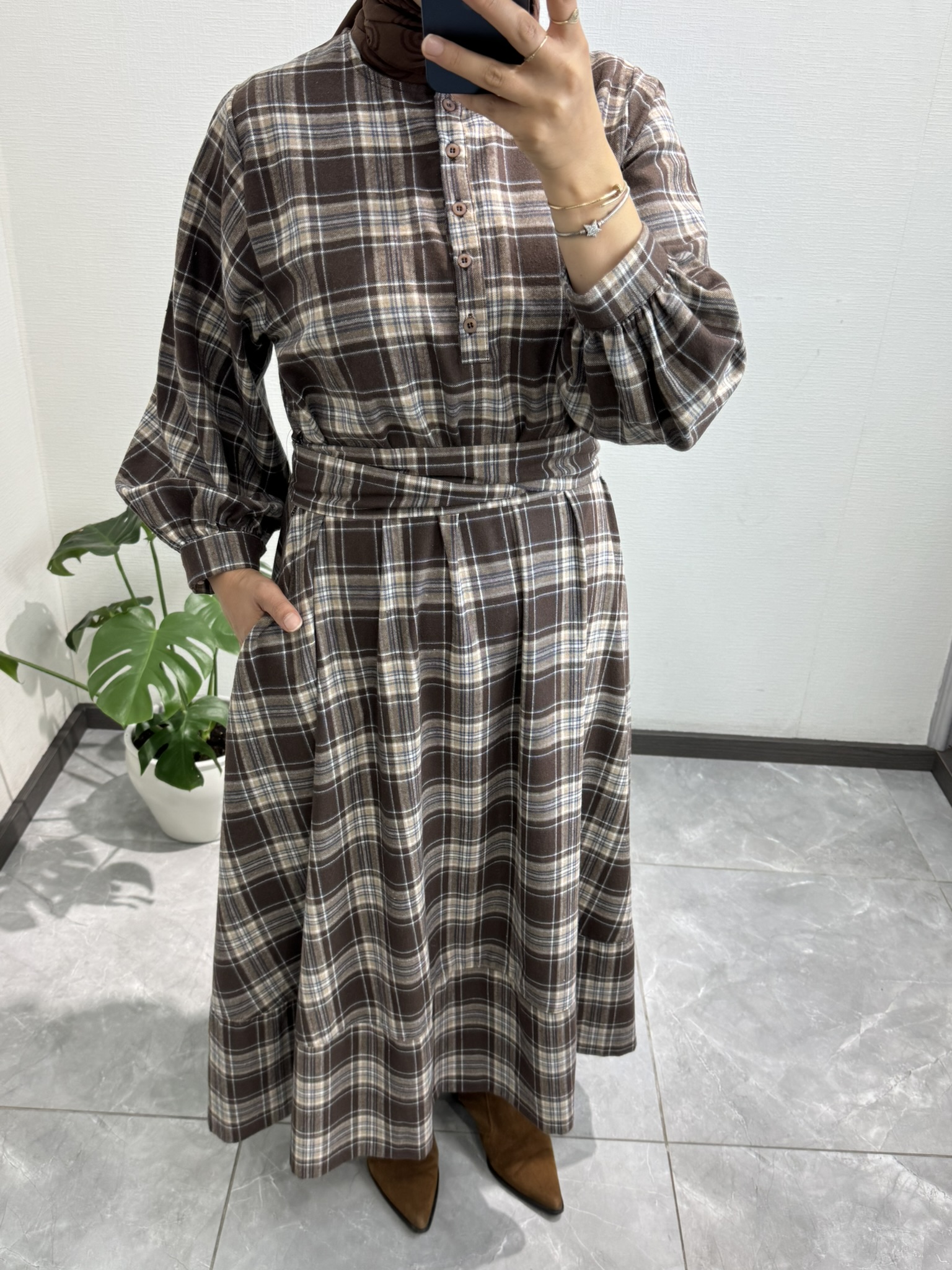 Ekose Gömlek Elbise Kahve