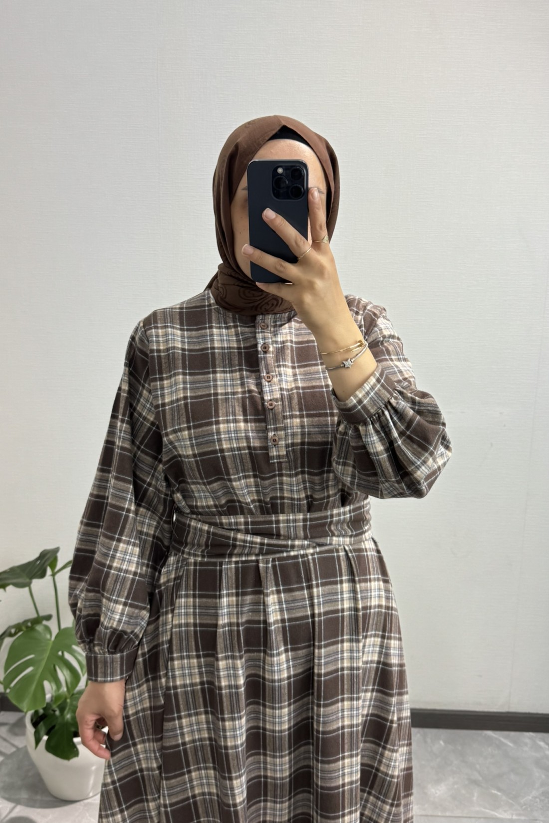 Ekose Gömlek Elbise Kahve