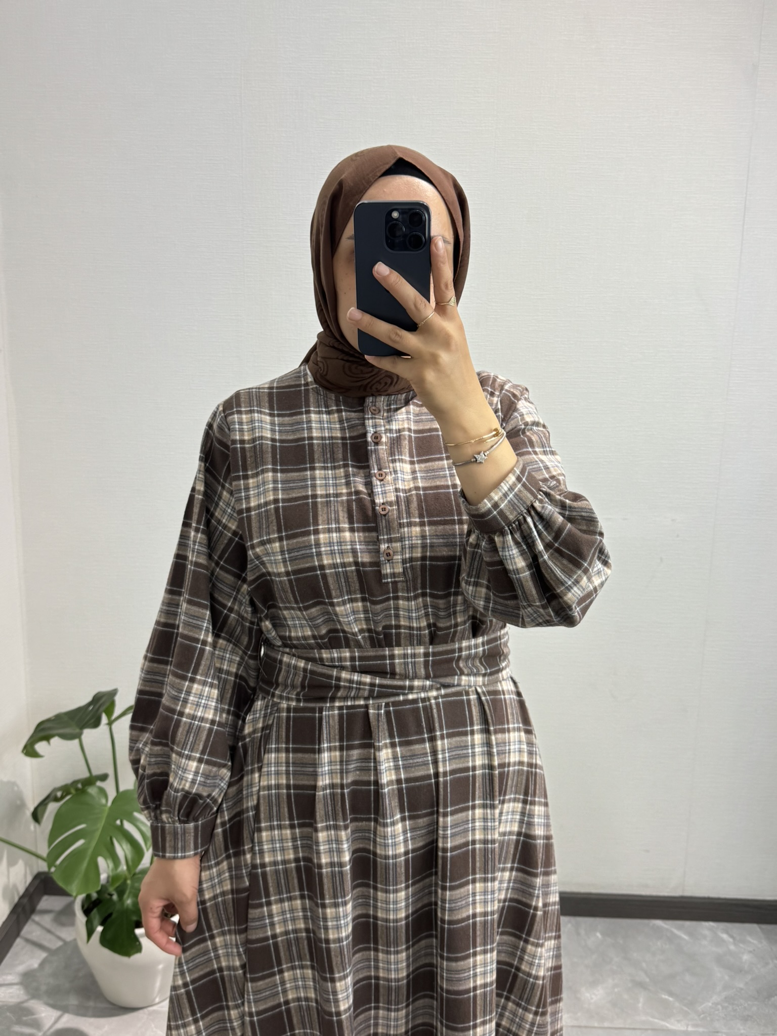 Ekose Gömlek Elbise Kahve