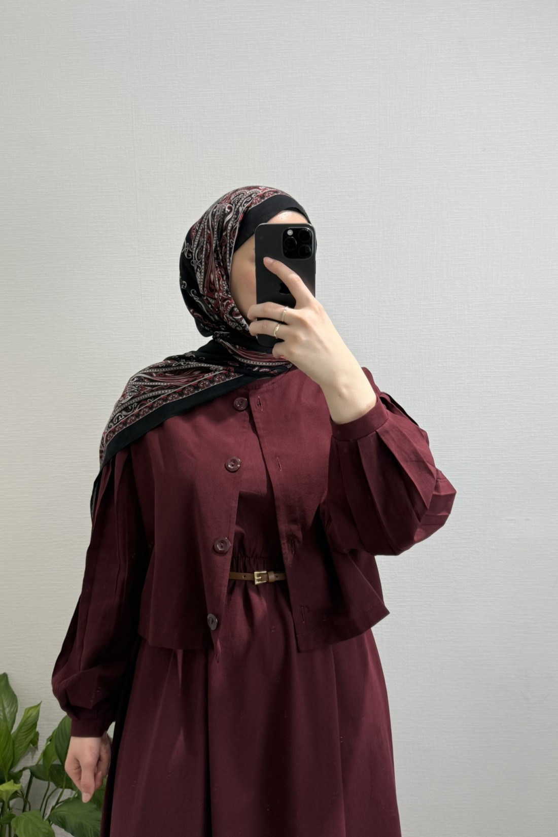 Kemerli Keten Elbise BORDO