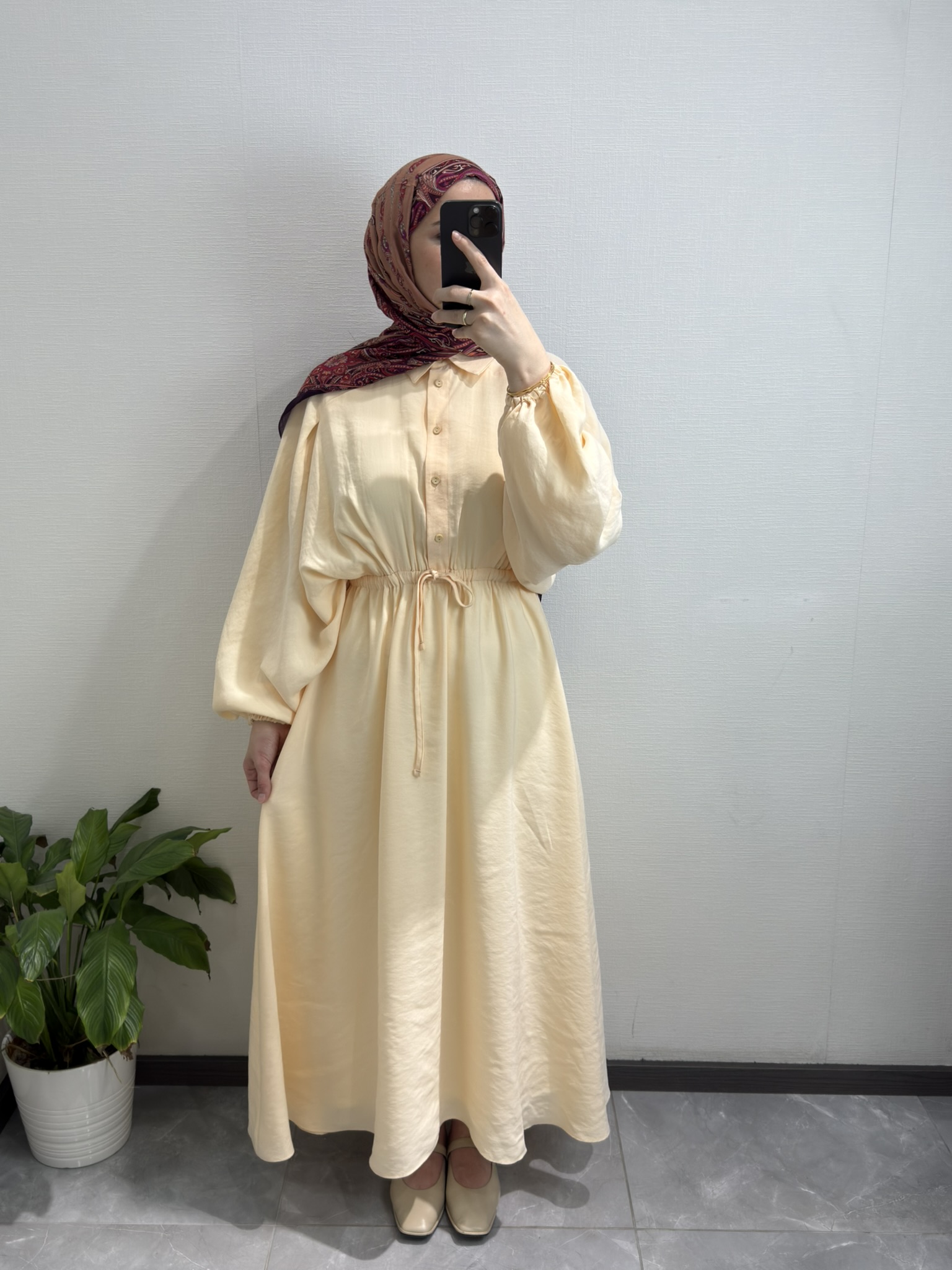 Beli Büzgülü Basic Elbise Kum Beji