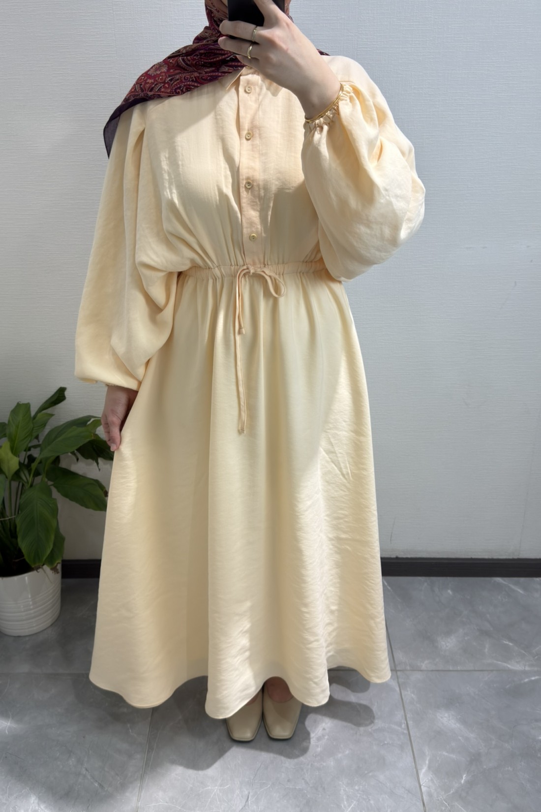Beli Büzgülü Basic Elbise Kum Beji