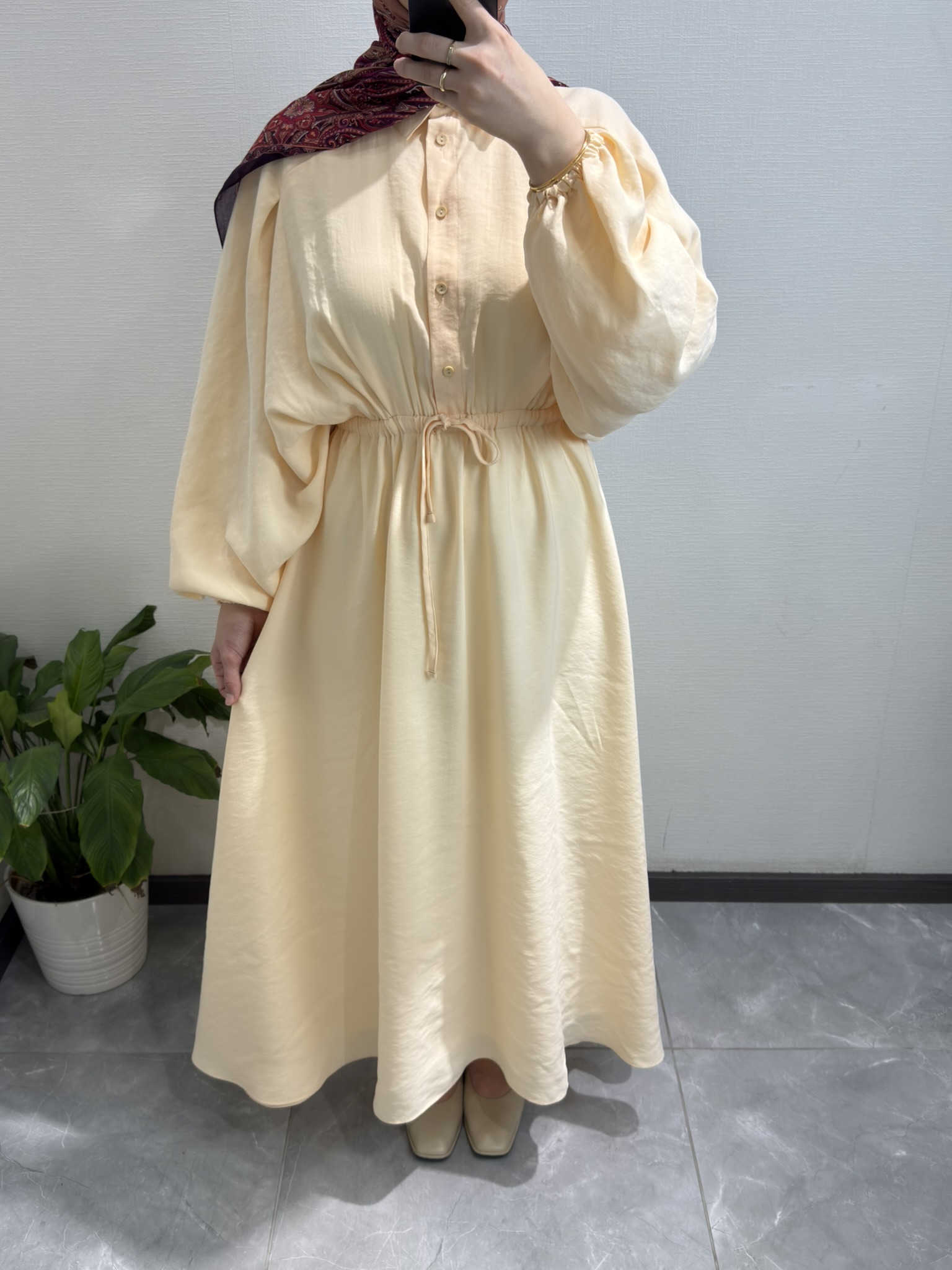 Beli Büzgülü Basic Elbise Kum Beji