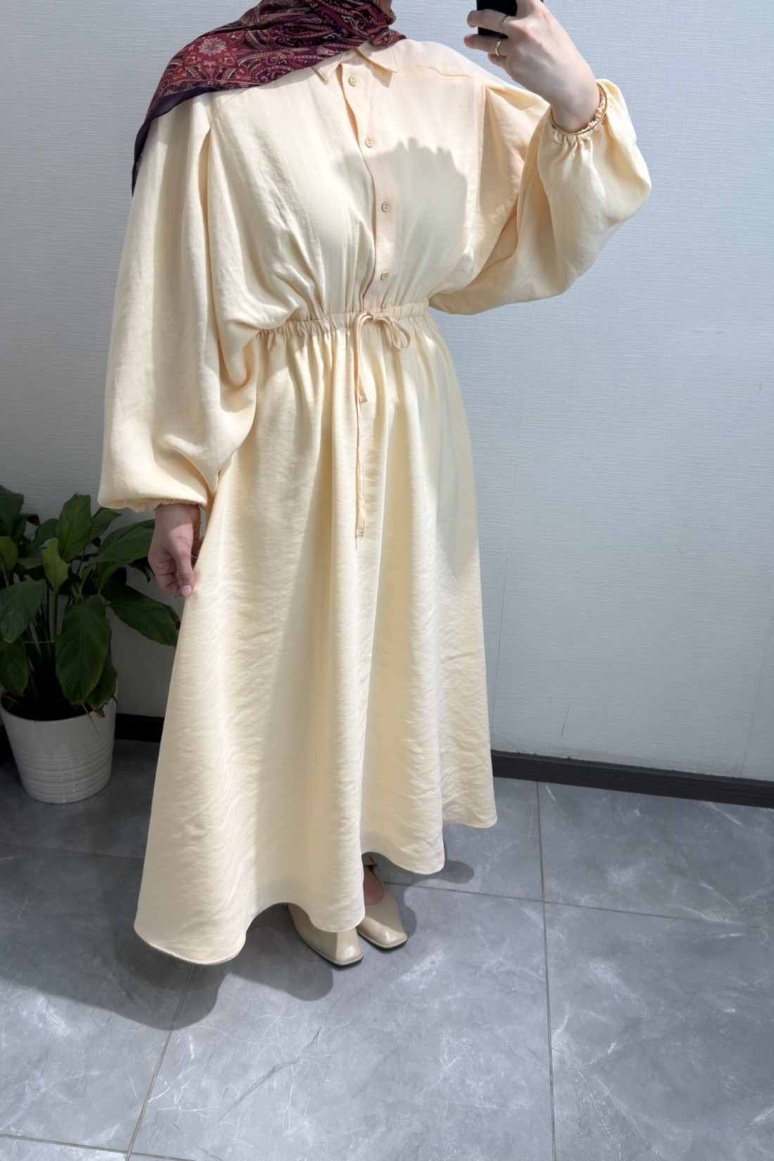 Beli Büzgülü Basic Elbise Kum Beji