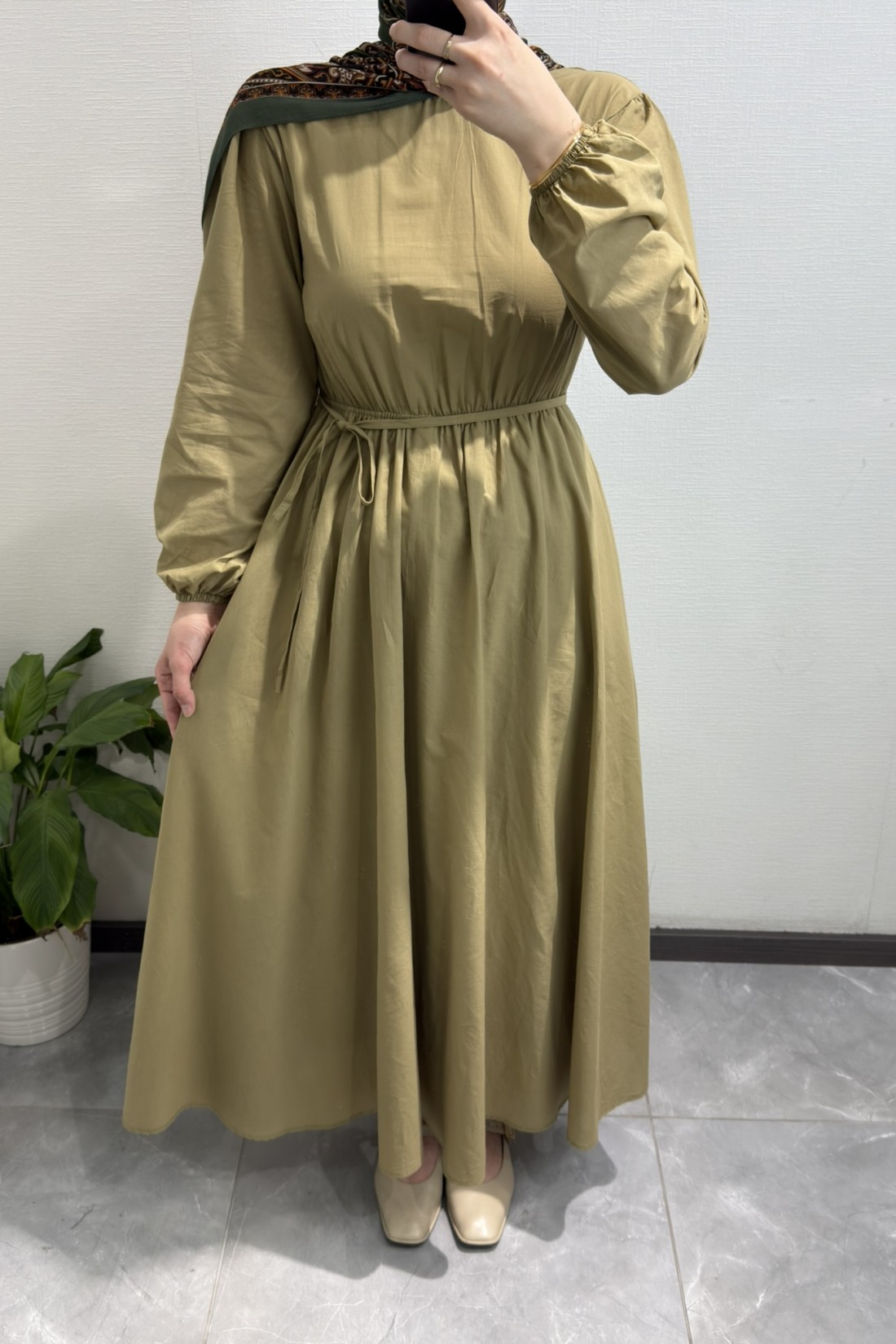 Beli Büzgülü Elbise Yağ Yeşili