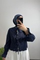 Kolları Gipe Detaylı Nakışlı Lacivert Gömlek