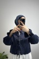Kolları Gipe Detaylı Nakışlı Lacivert Gömlek