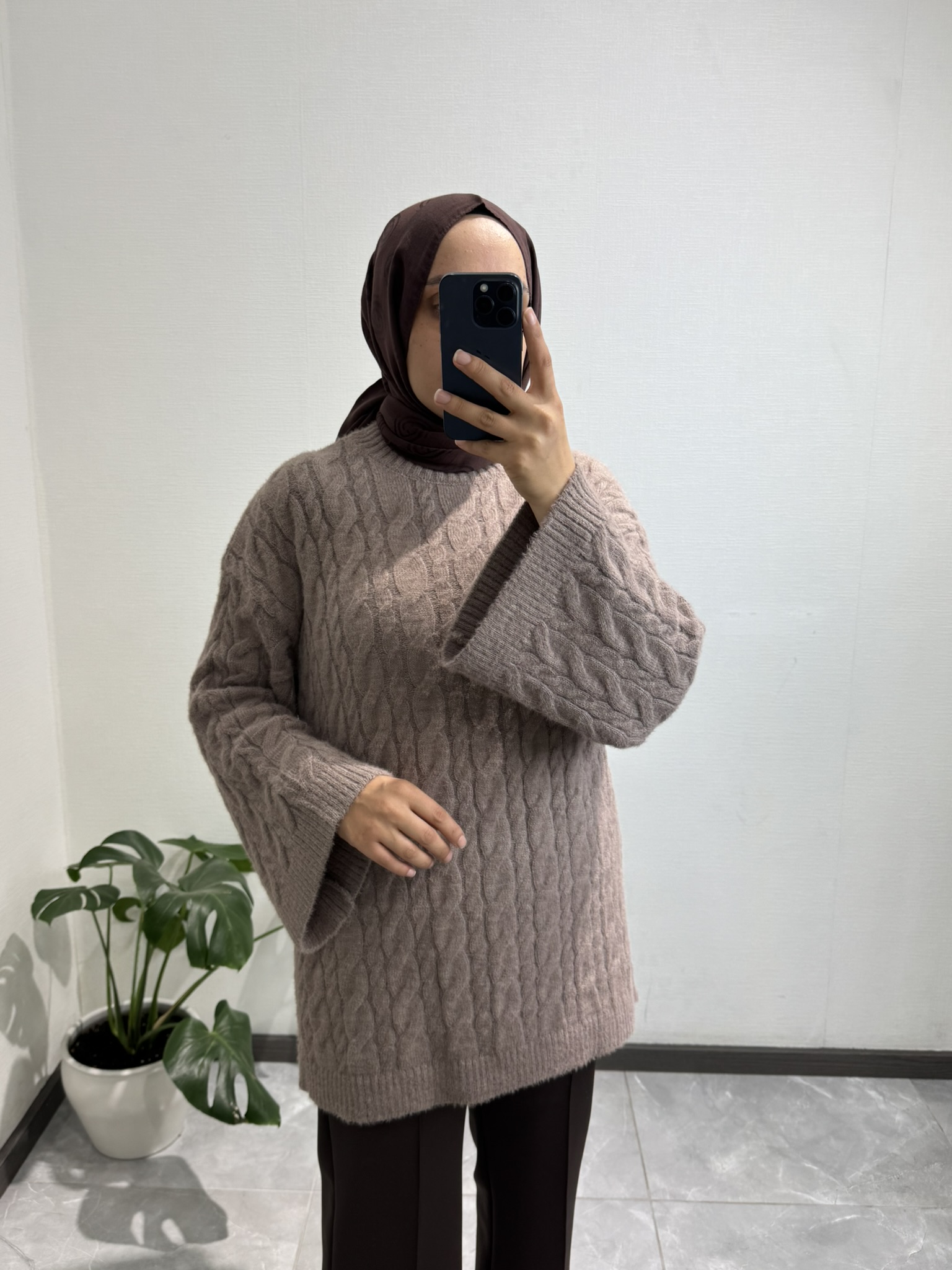 Örgülü Triko Vizon Kazak