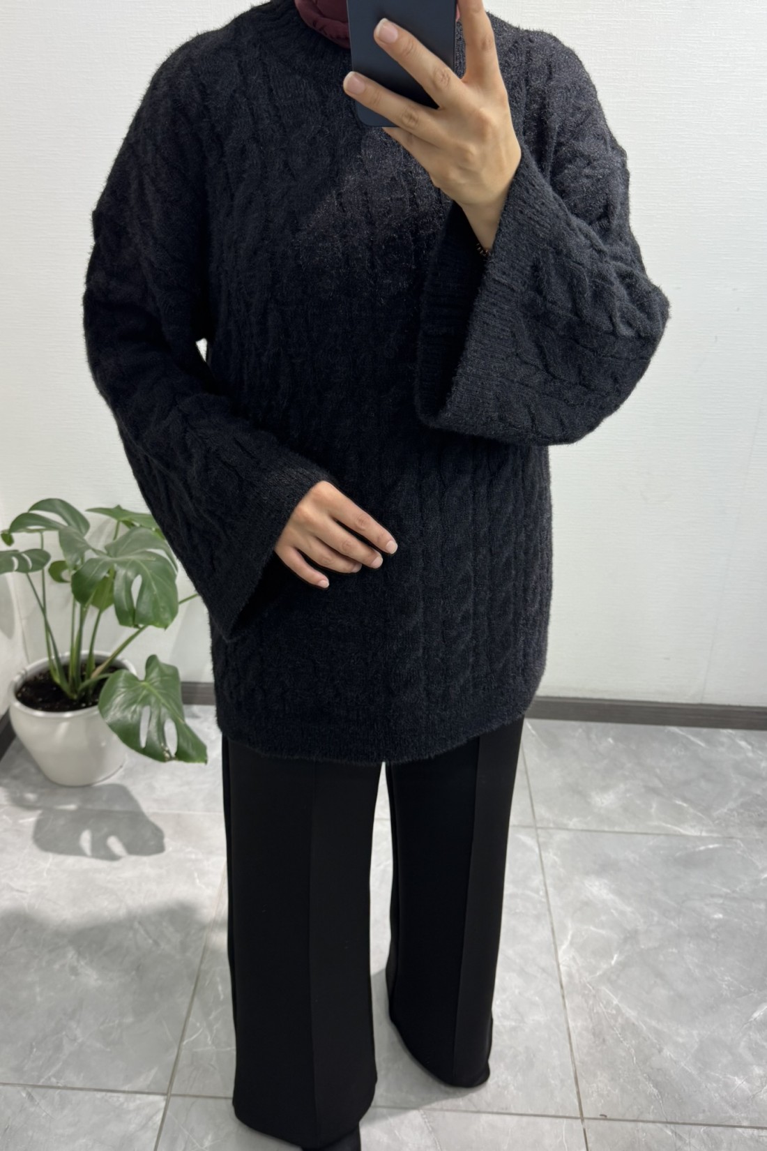 Örgülü Triko Siyah Kazak