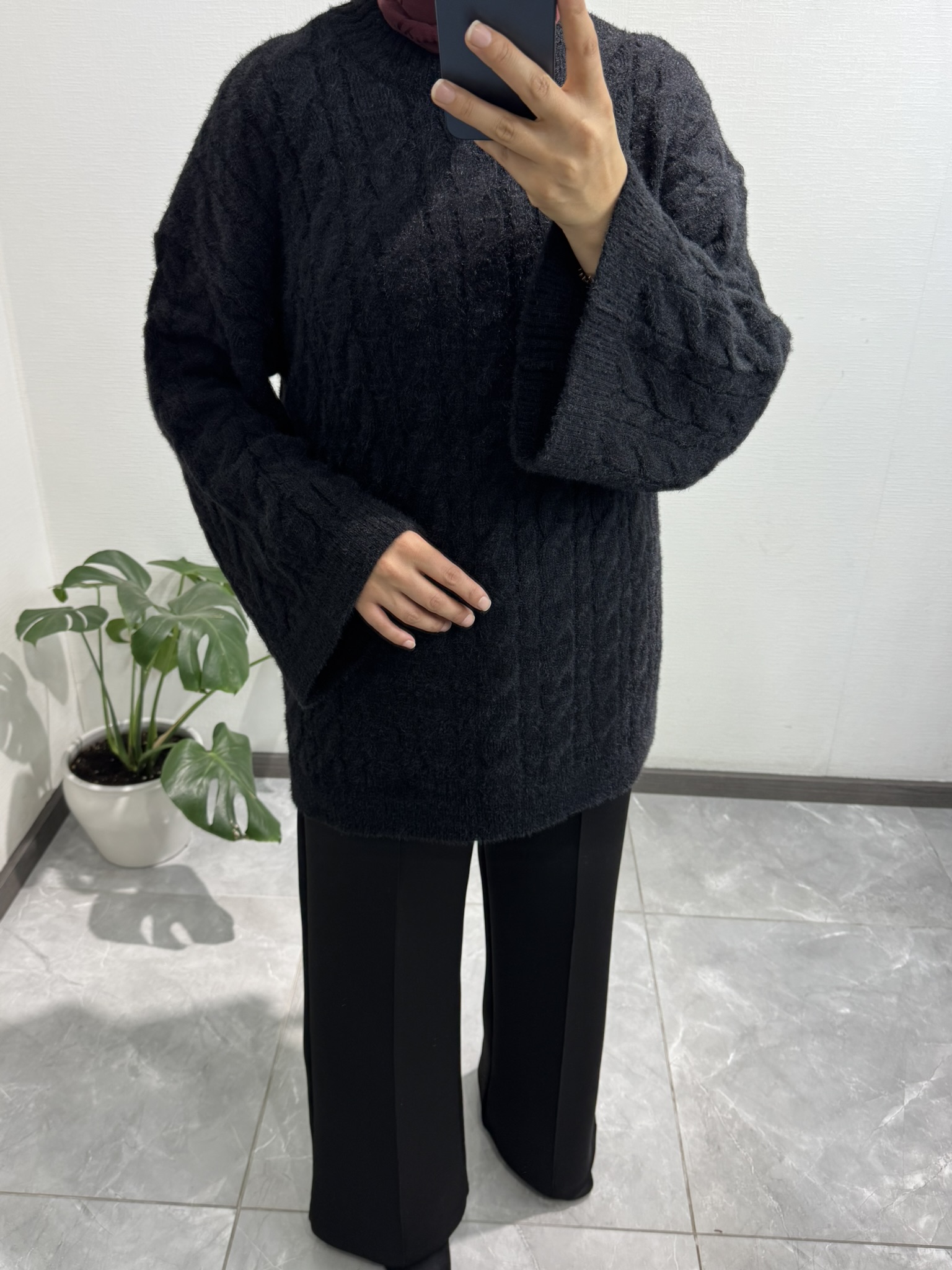 Örgülü Triko Siyah Kazak