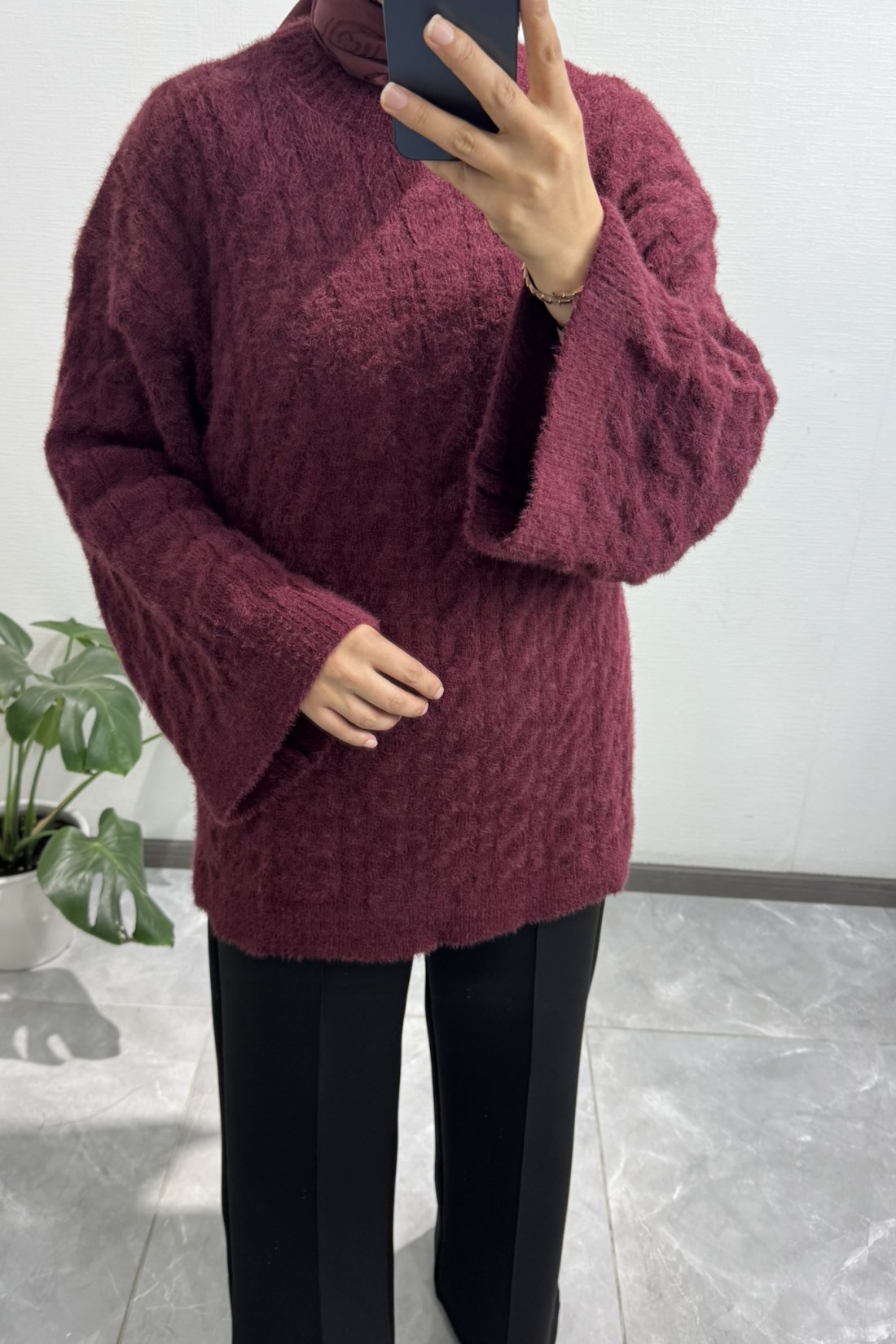 Örgülü Triko Vişne Çürüğü Kazak