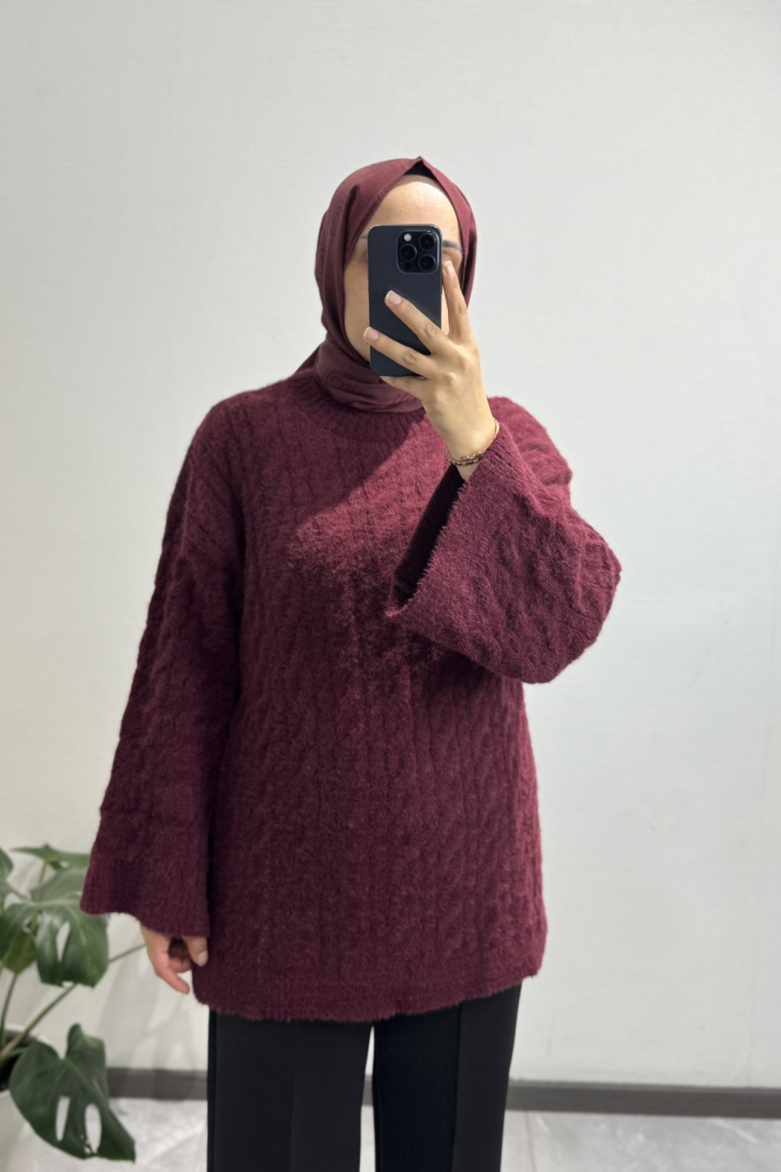 Örgülü Triko Vişne Çürüğü Kazak