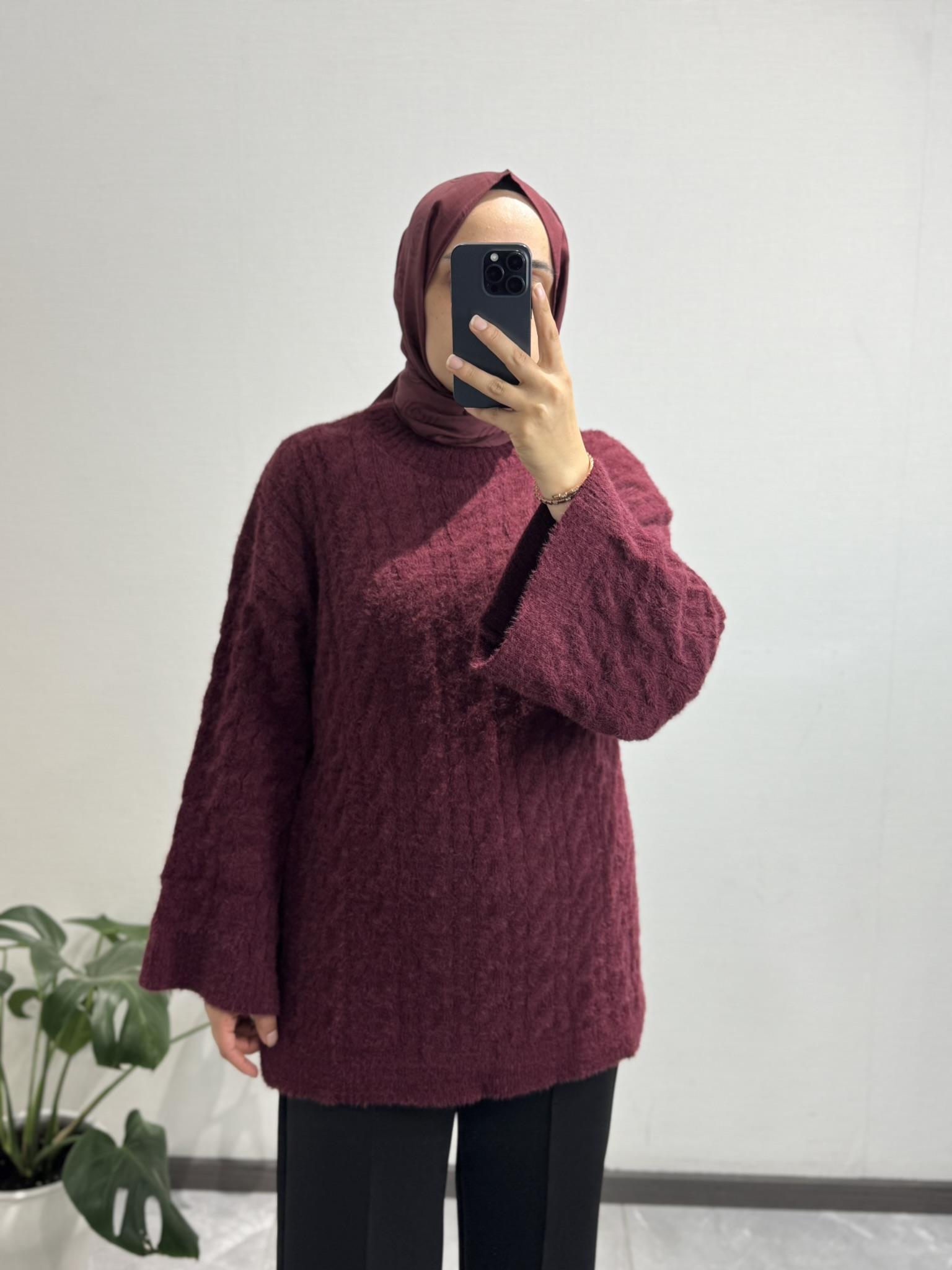 Örgülü Triko Vişne Çürüğü Kazak