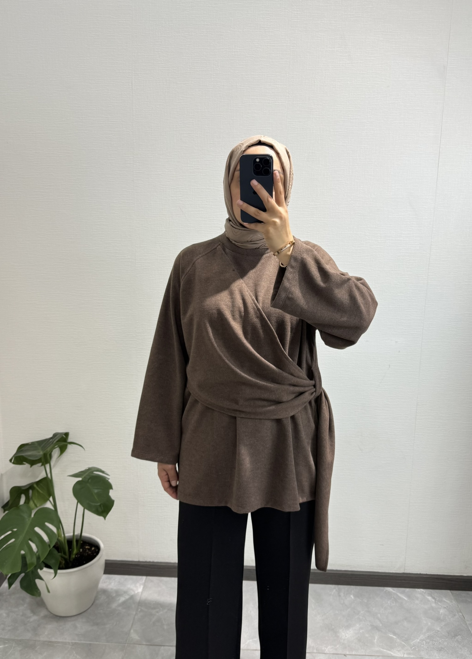 Yandan Şal Detaylı Triko Tunik KAHVERENGİ