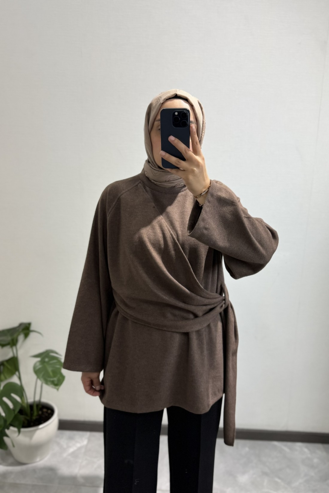 Yandan Şal Detaylı Triko Tunik KAHVERENGİ