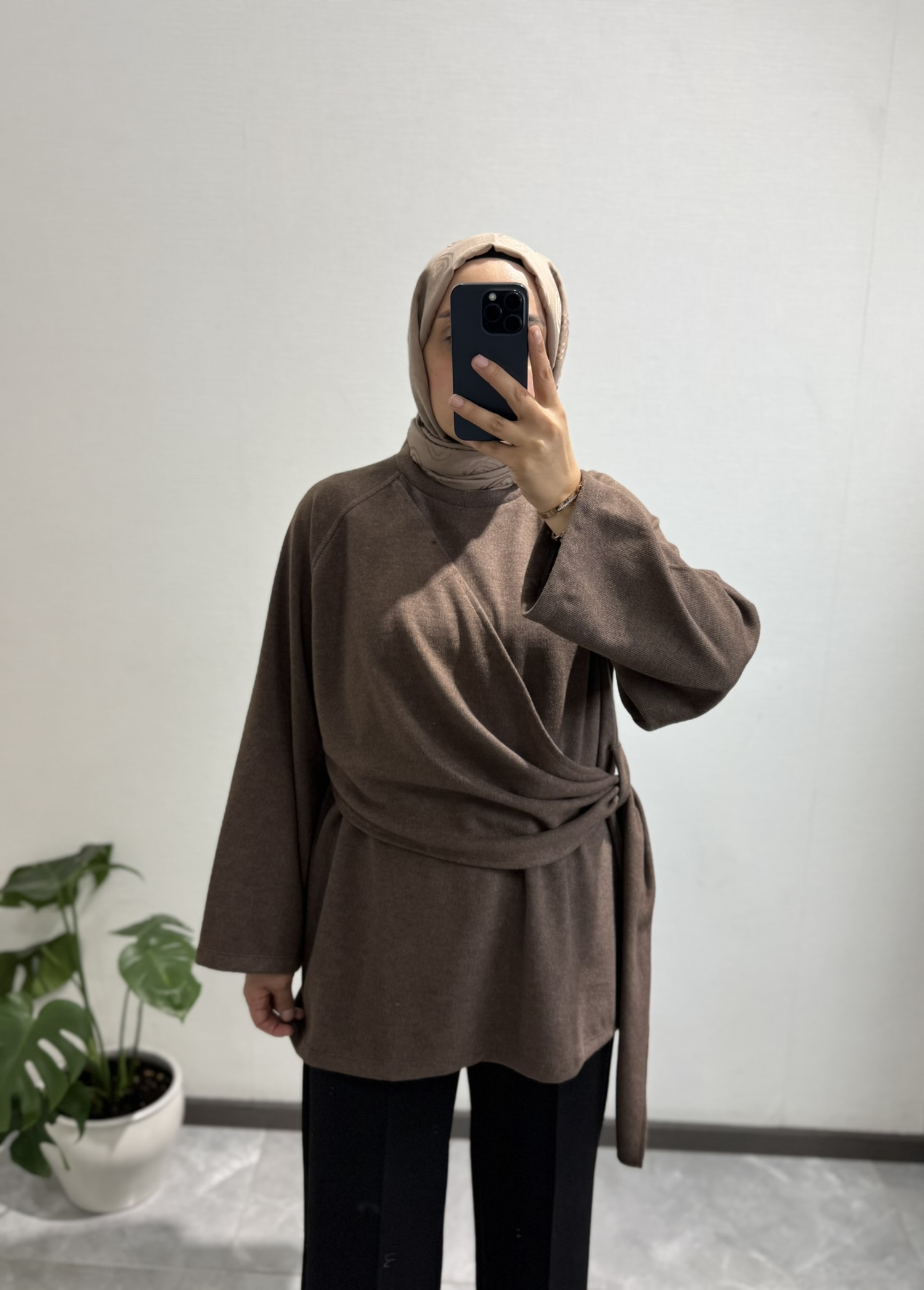 Yandan Şal Detaylı Triko Tunik KAHVERENGİ