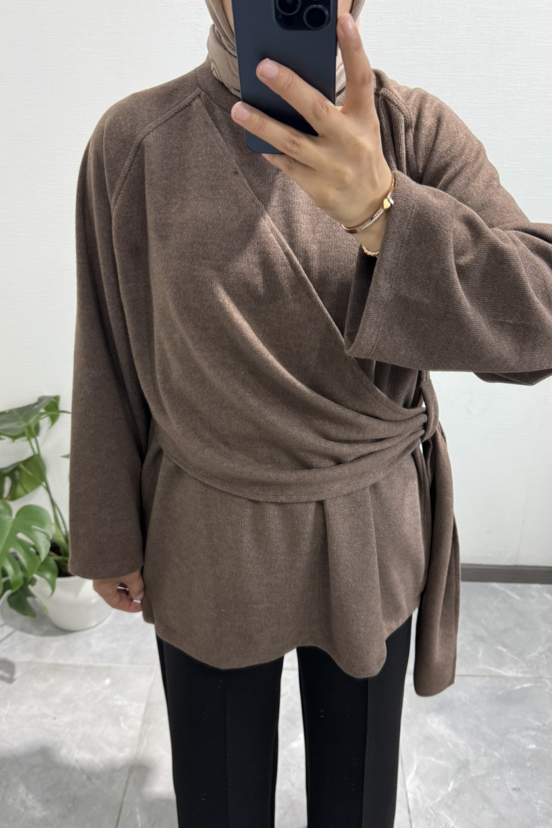Yandan Şal Detaylı Triko Tunik KAHVERENGİ