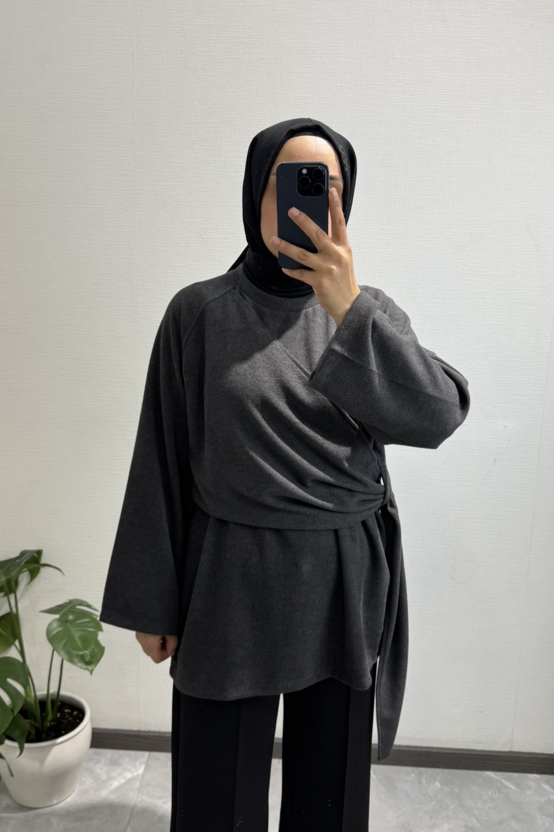 Yandan Şal Detaylı Triko Tunik ANTRASİT