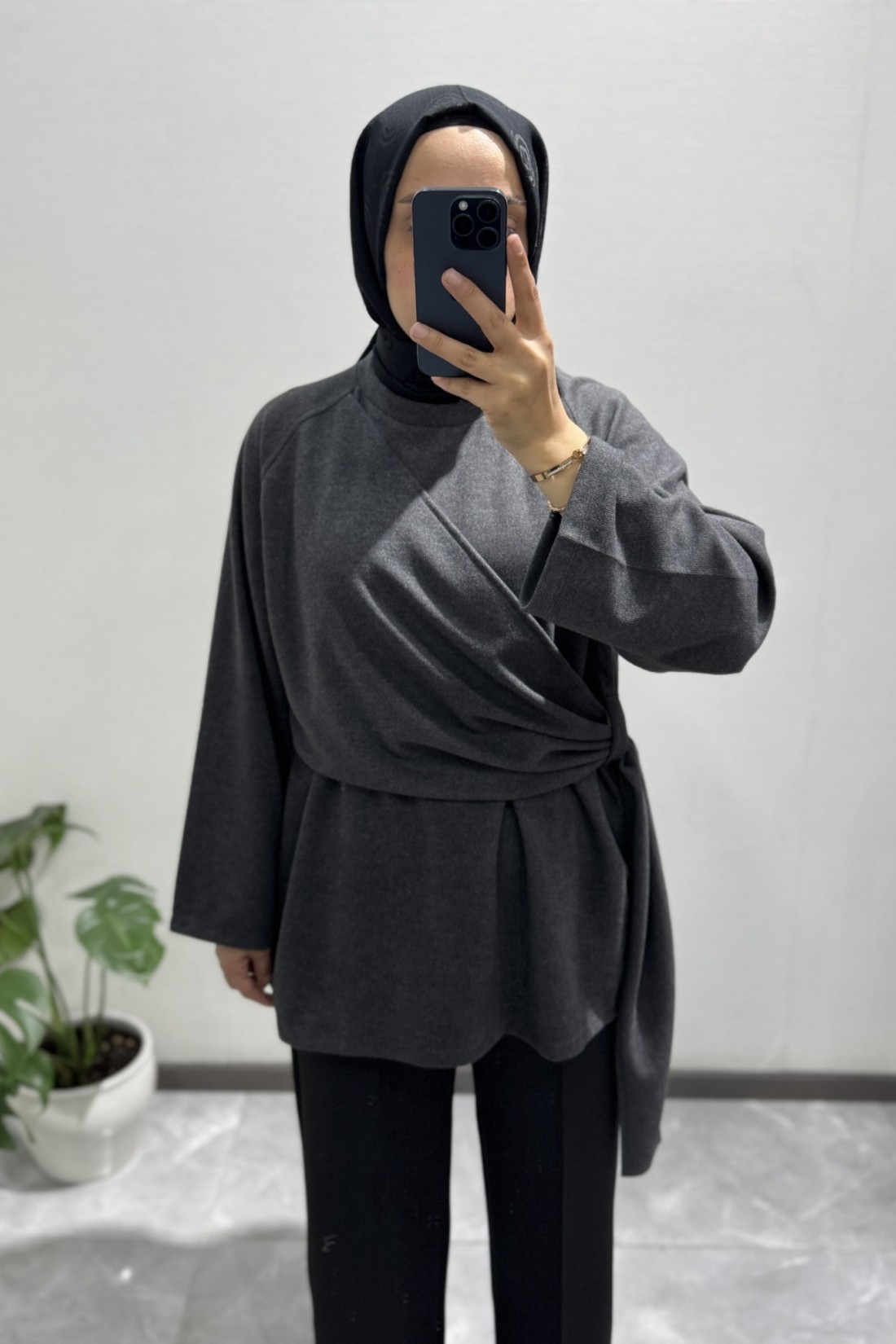 Yandan Şal Detaylı Triko Tunik ANTRASİT