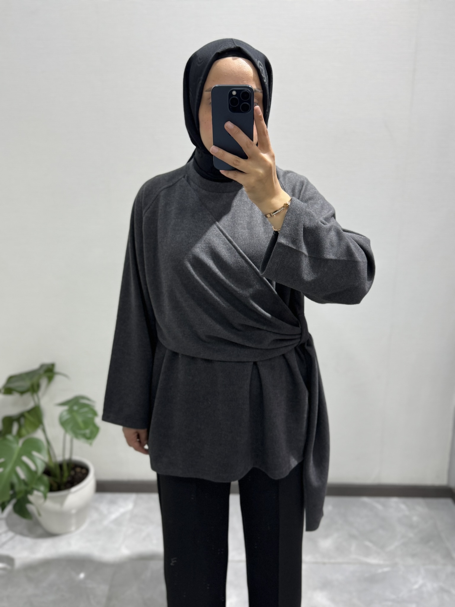 Yandan Şal Detaylı Triko Tunik ANTRASİT