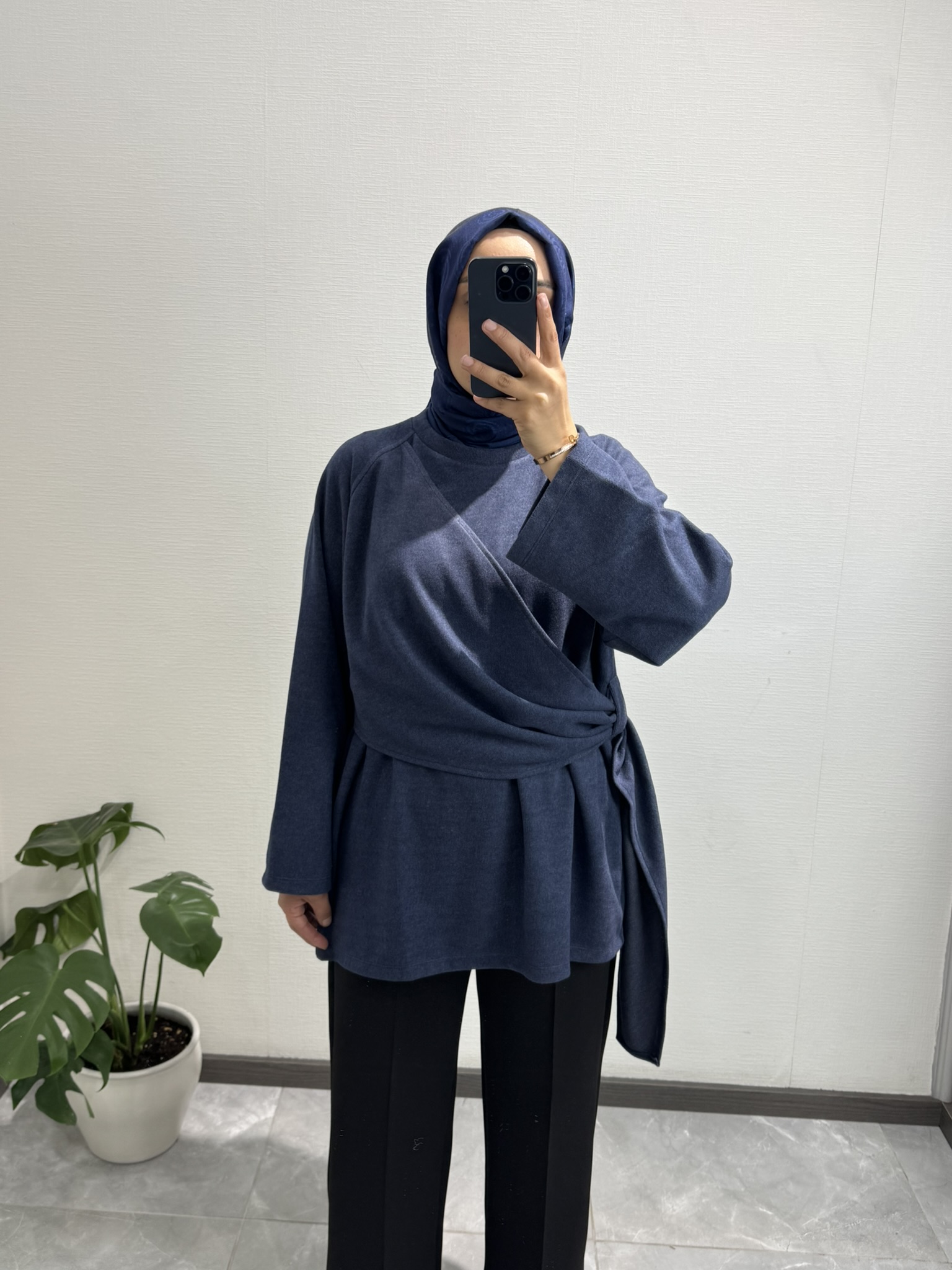 Yandan Şal Detaylı Triko Tunik LACİVERT