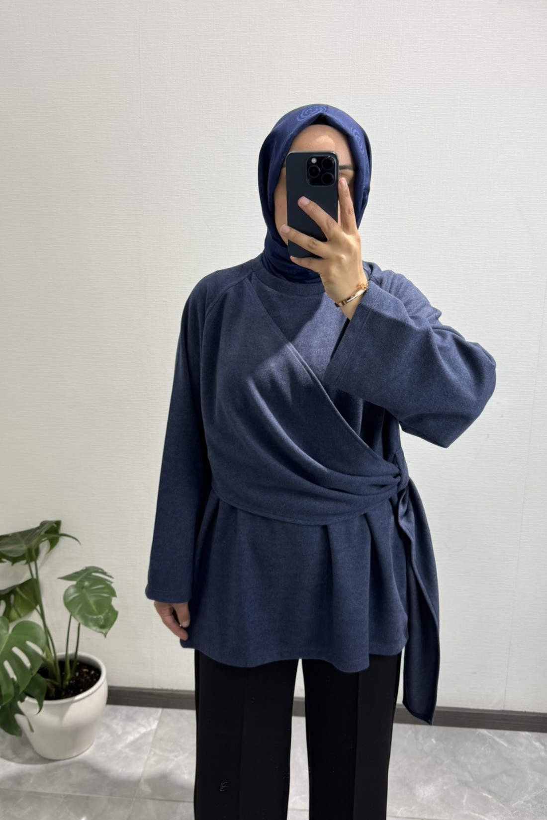 Yandan Şal Detaylı Triko Tunik LACİVERT