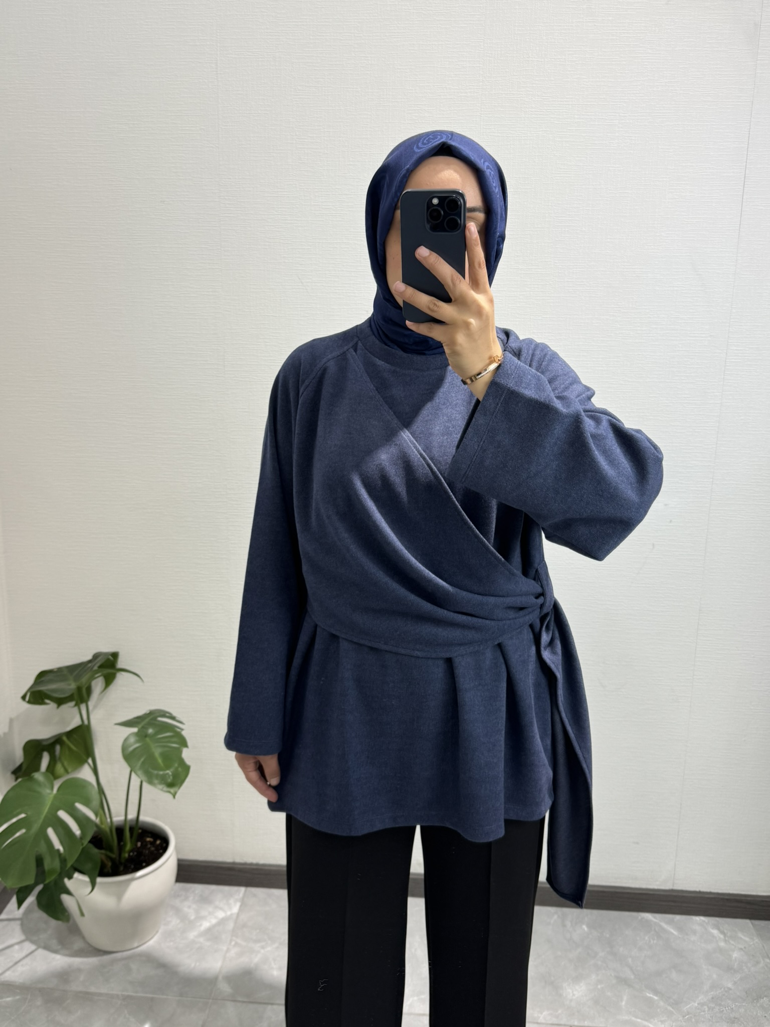 Yandan Şal Detaylı Triko Tunik LACİVERT